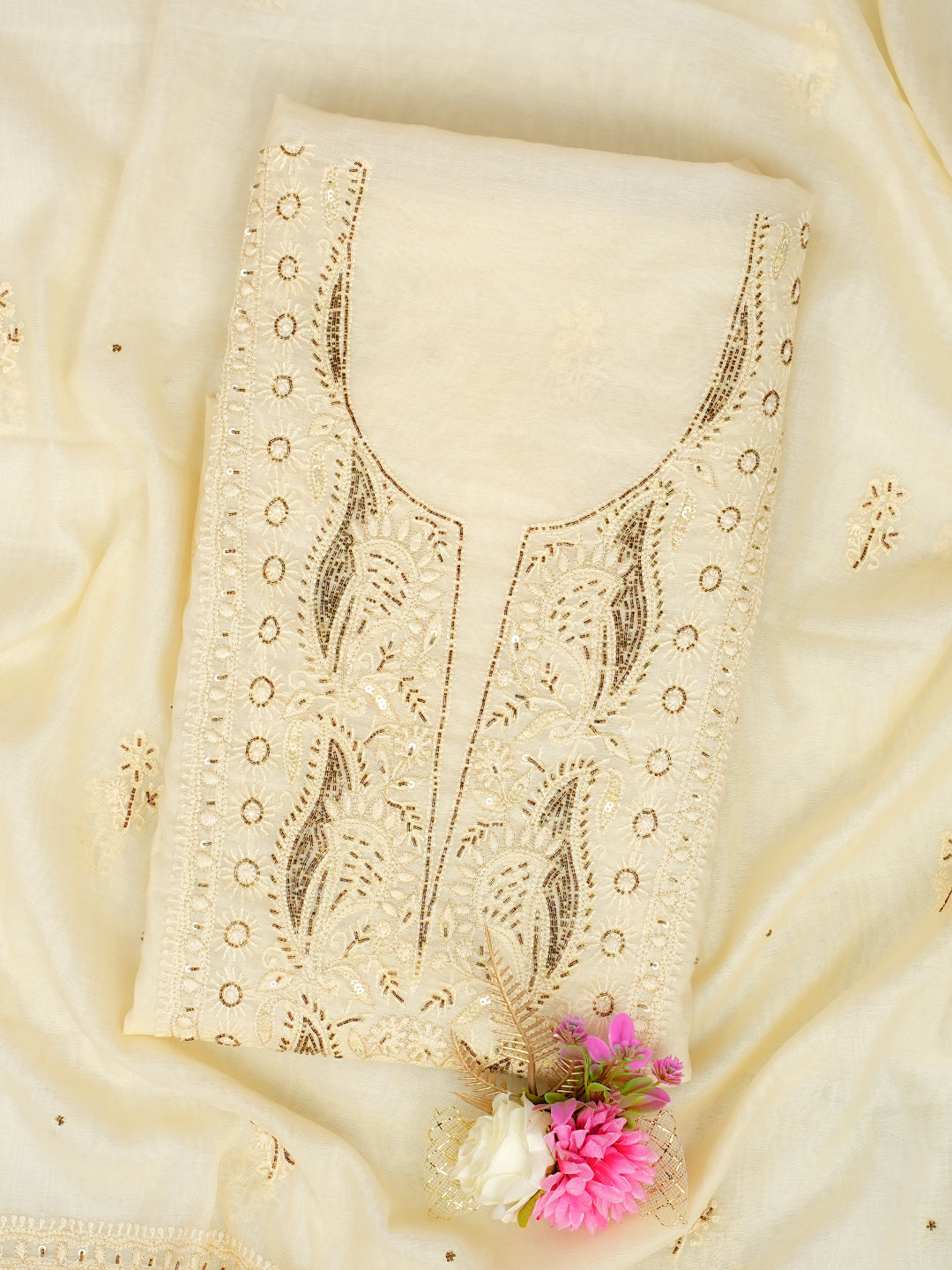 Ada Hand Embroidered Cream Chanderi Lucknowi Chikankari Unstitched Kurta Dupatta Set With Zari, Sequinned & Cutdana Work 01A789503