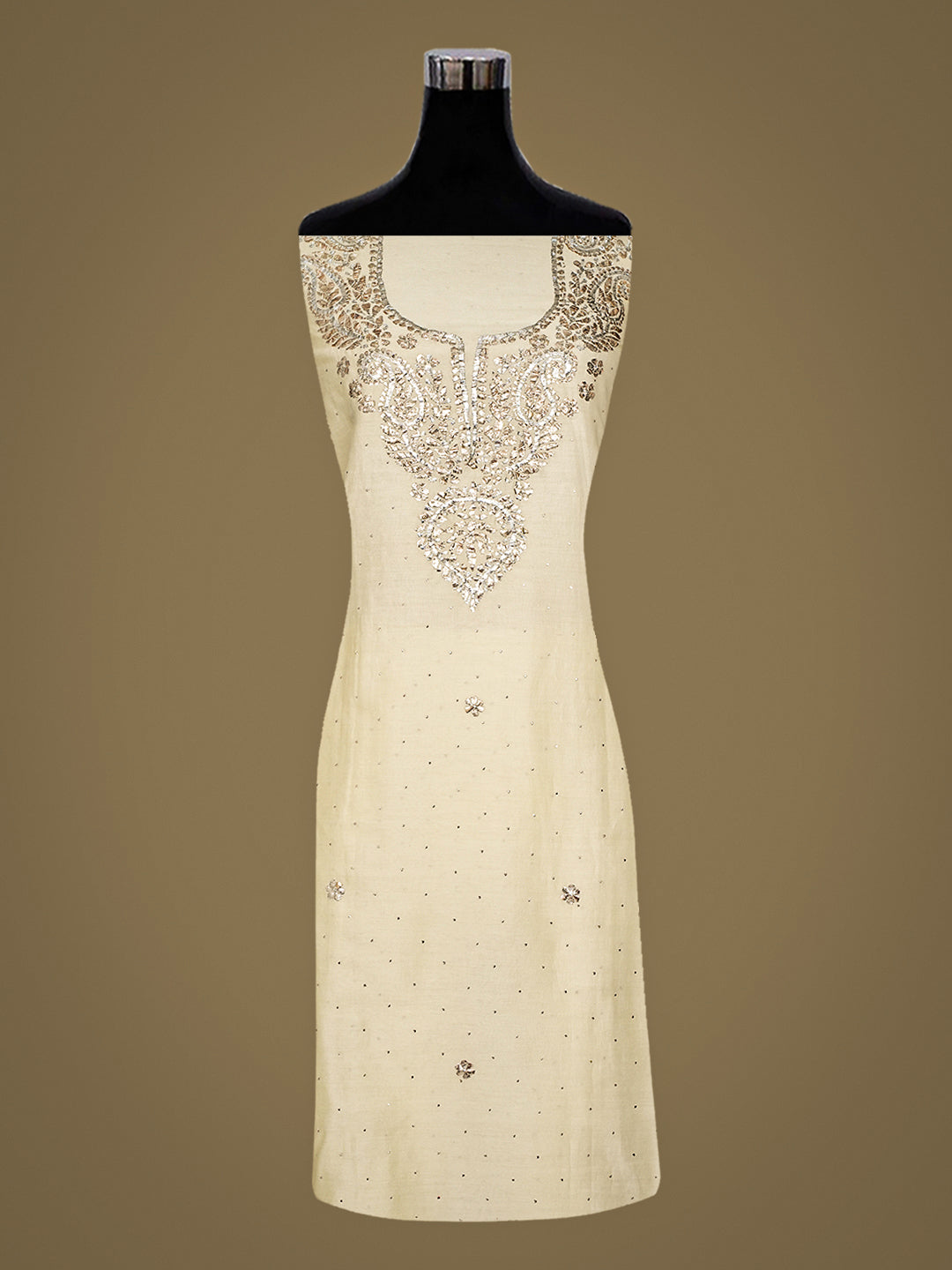 Ada Hand Embroidered Cream Chanderi Unstitched Kurta Dupatta Set With Muqaish/Mukaish Work 01A147872