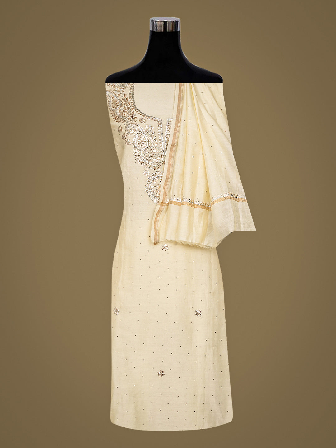 Ada Hand Embroidered Cream Chanderi Unstitched Kurta Dupatta Set With Muqaish/Mukaish Work 01A147872