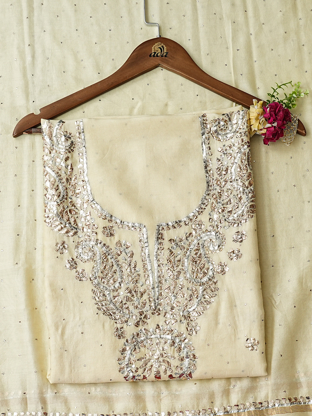 Ada Hand Embroidered Cream Chanderi Unstitched Kurta Dupatta Set With Muqaish/Mukaish Work 01A147872