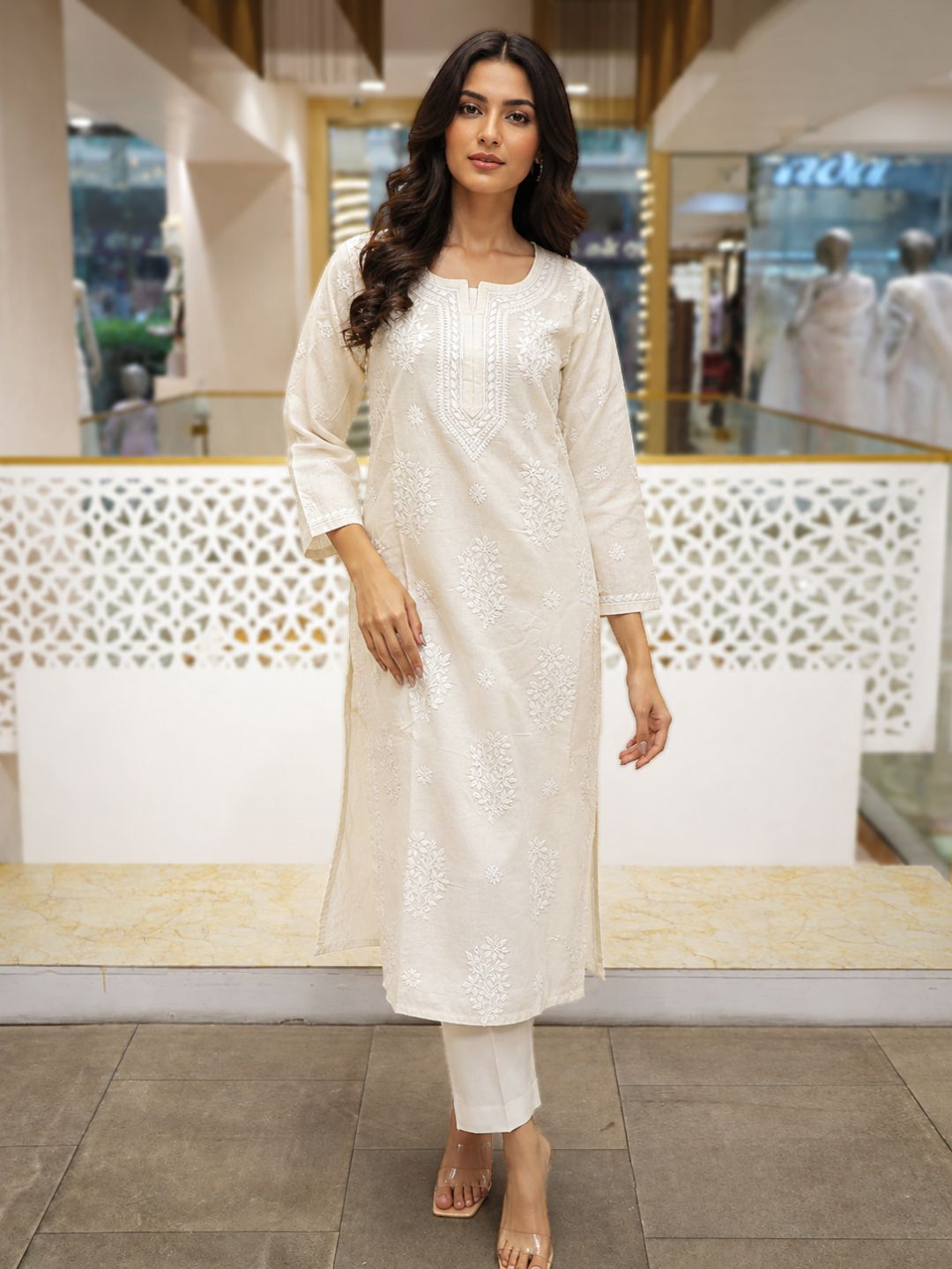 Ada Hand Embroidered Cream Cotton Lucknowi Chikankari Straight Kurta A011135