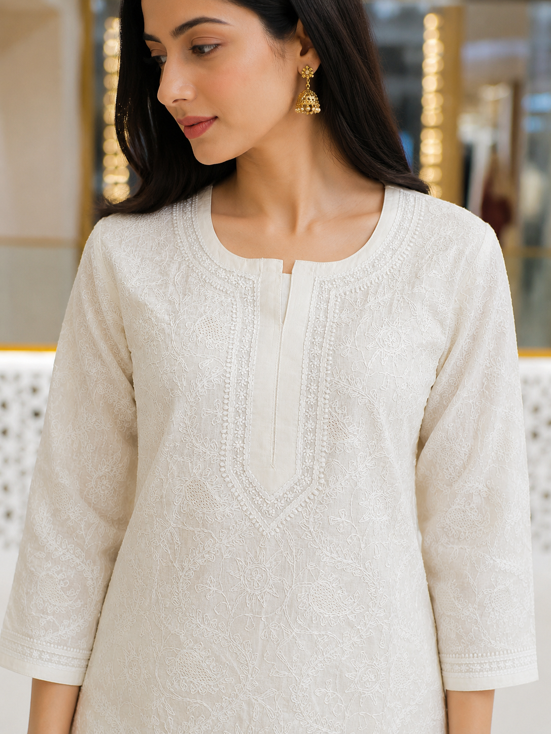 Ada Hand Embroidered Cream Cotton Lucknowi Chikankari Straight Kurta A011137