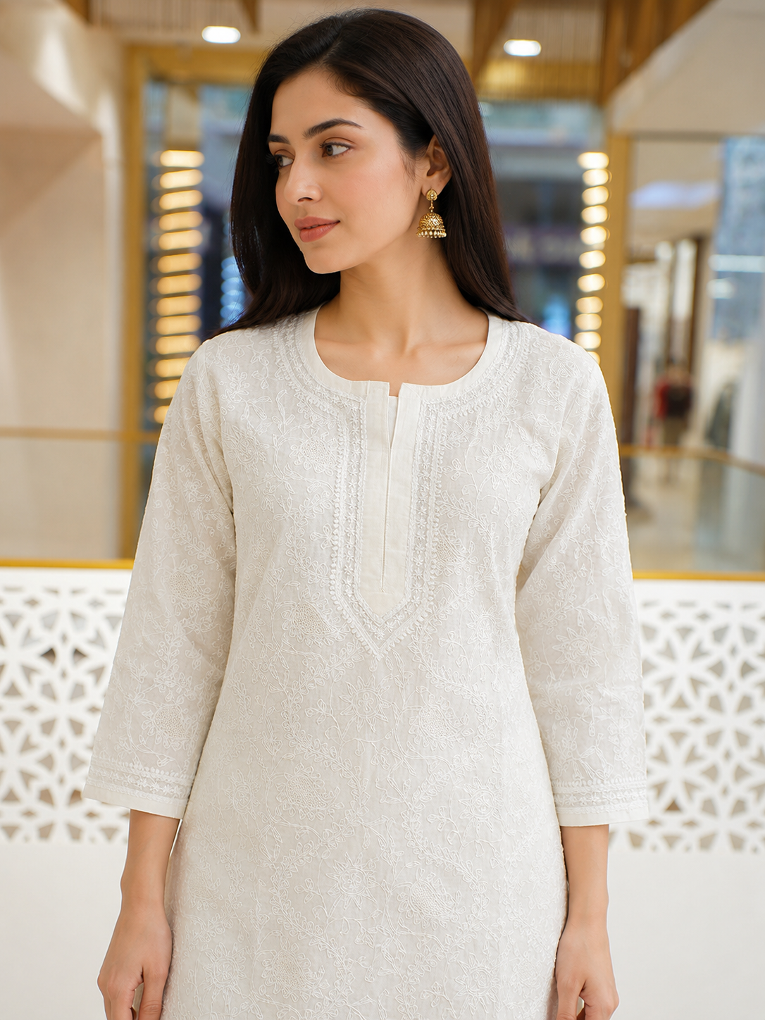 Ada Hand Embroidered Cream Cotton Lucknowi Chikankari Straight Kurta A011137