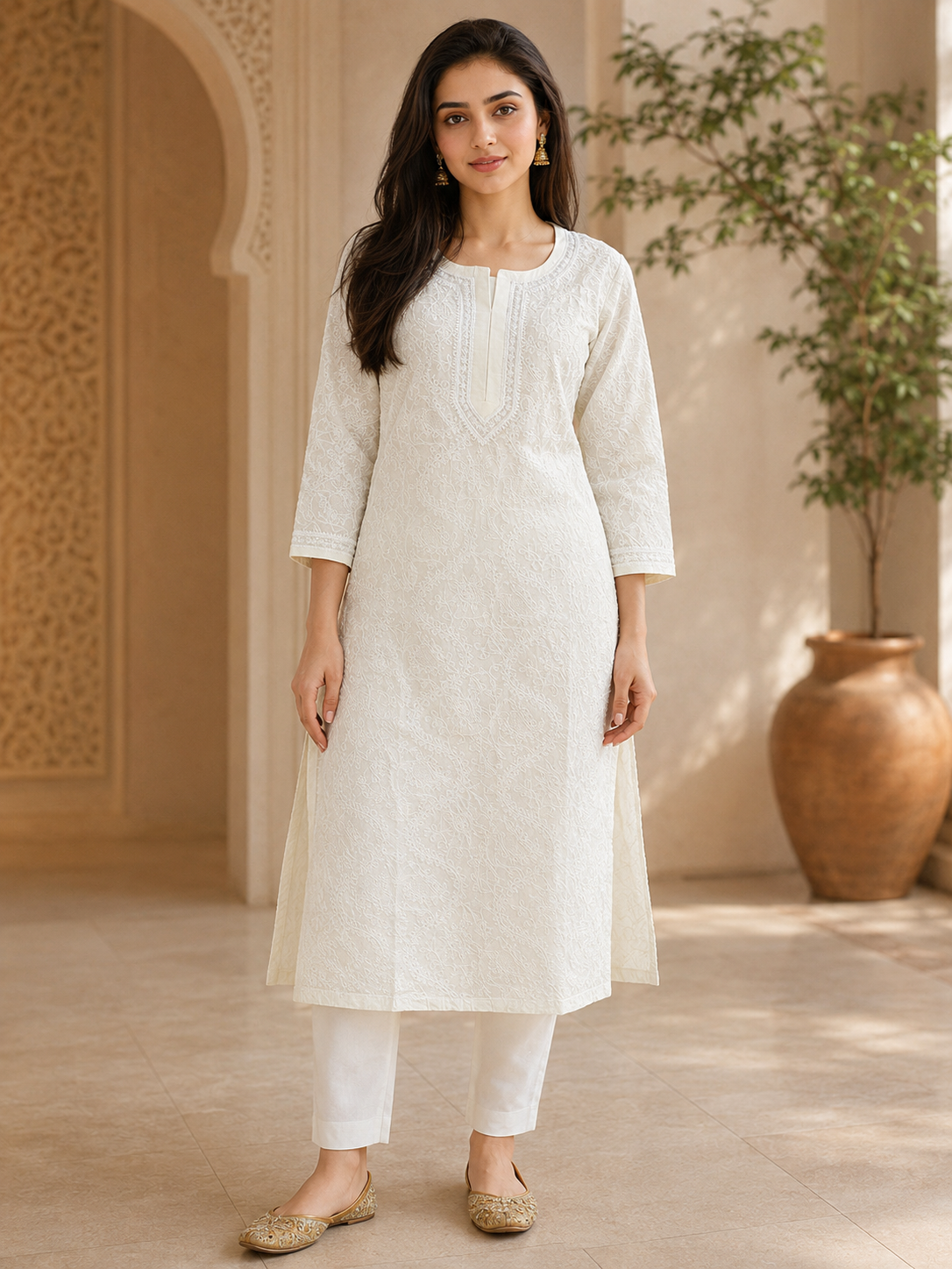 Ada Hand Embroidered Cream Cotton Lucknowi Chikankari Straight Kurta A011137