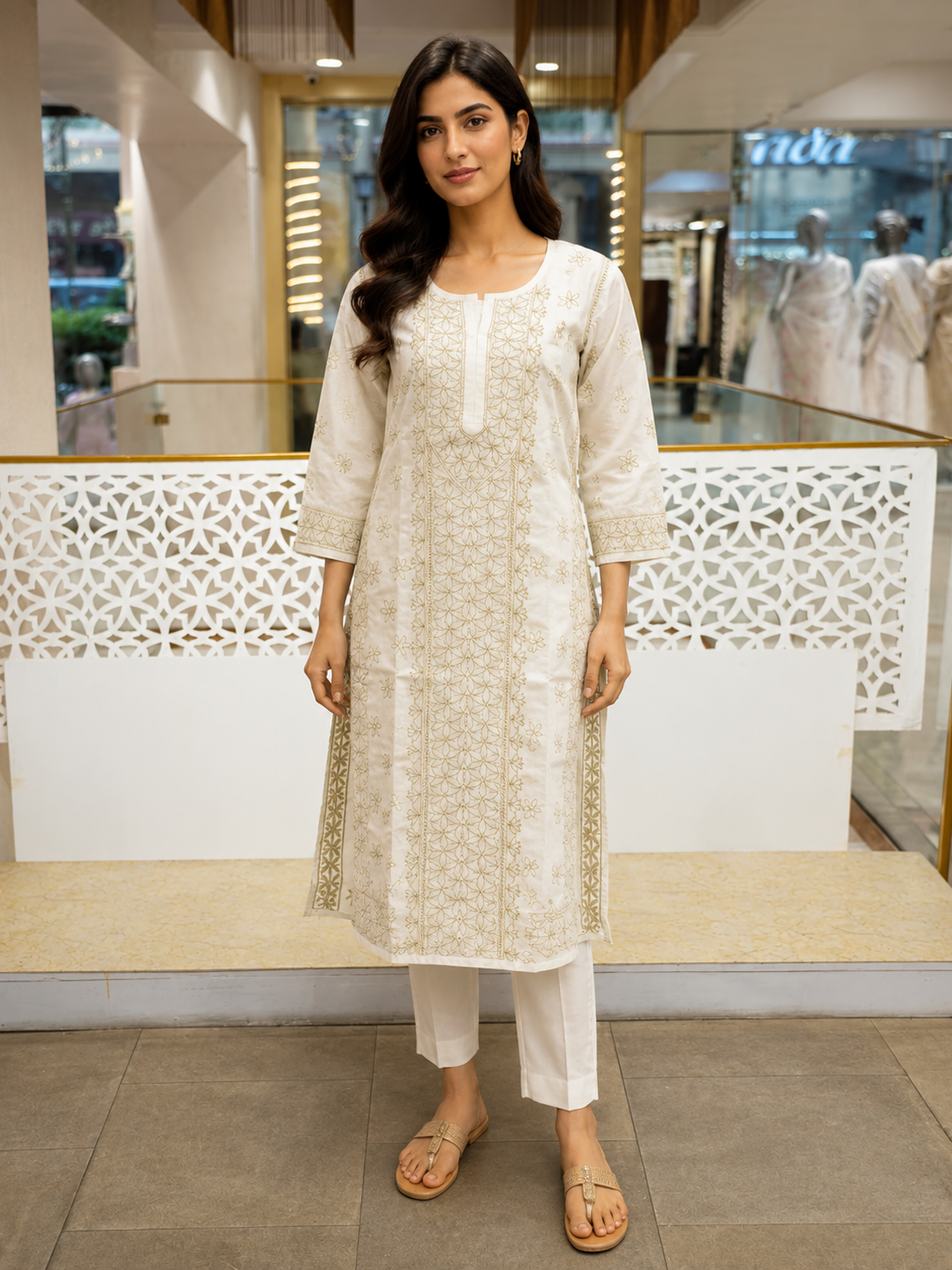 Ada Hand Embroidered Cream Cotton Lucknowi Chikankari Straight Kurta A011144