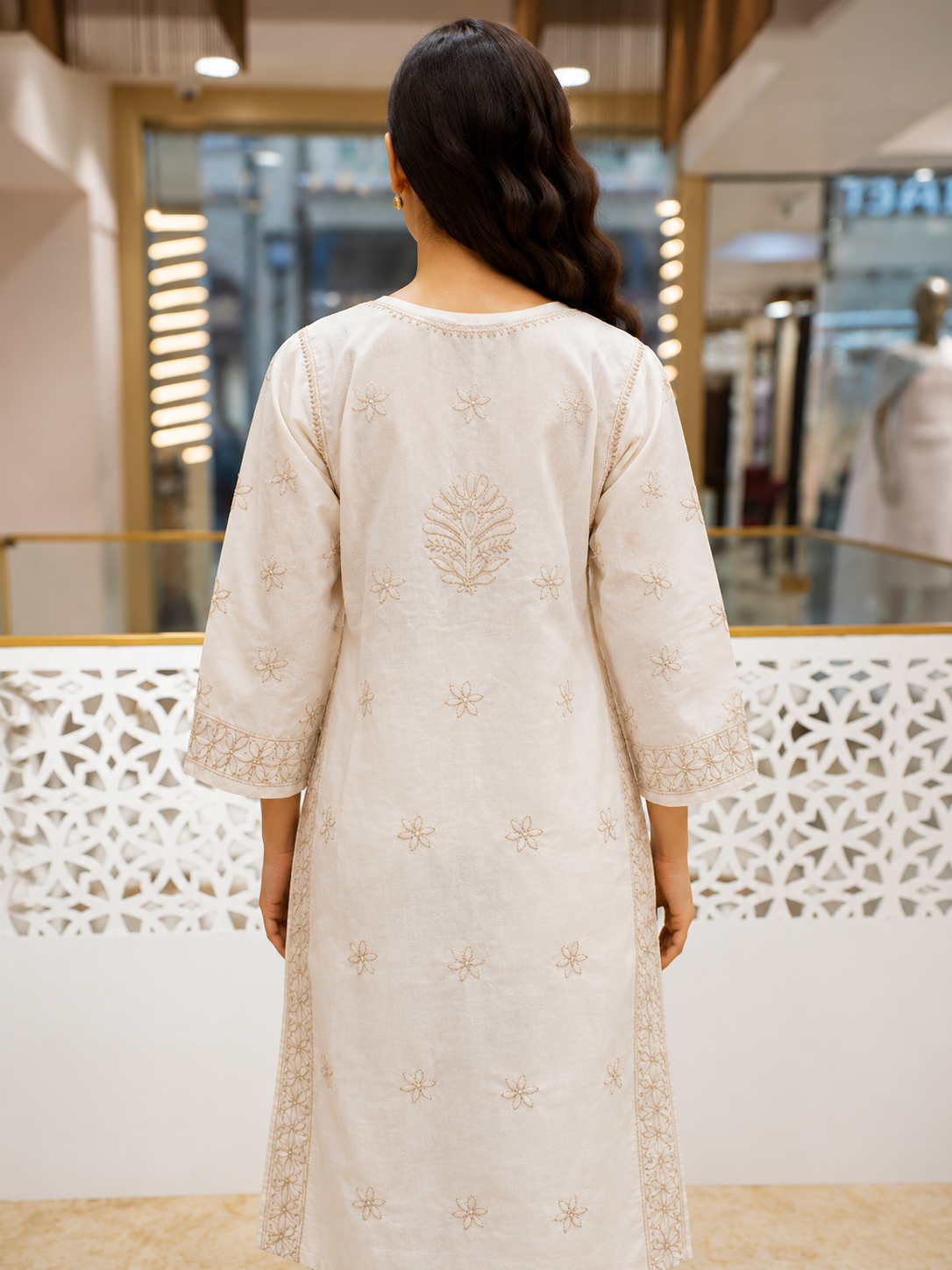 Ada Hand Embroidered Cream Cotton Lucknowi Chikankari Straight Kurta A011144