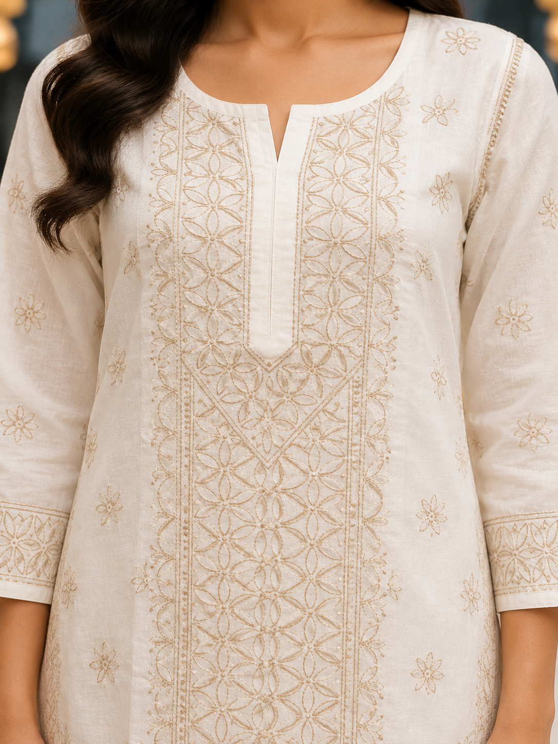 Ada Hand Embroidered Cream Cotton Lucknowi Chikankari Straight Kurta A011144