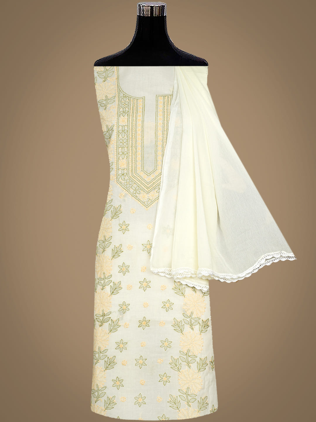 Ada Hand Embroidered Cream Cotton Lucknowi Chikankari Unstitched Suit Piece With Chiffon Dupatta 01A1025735_4