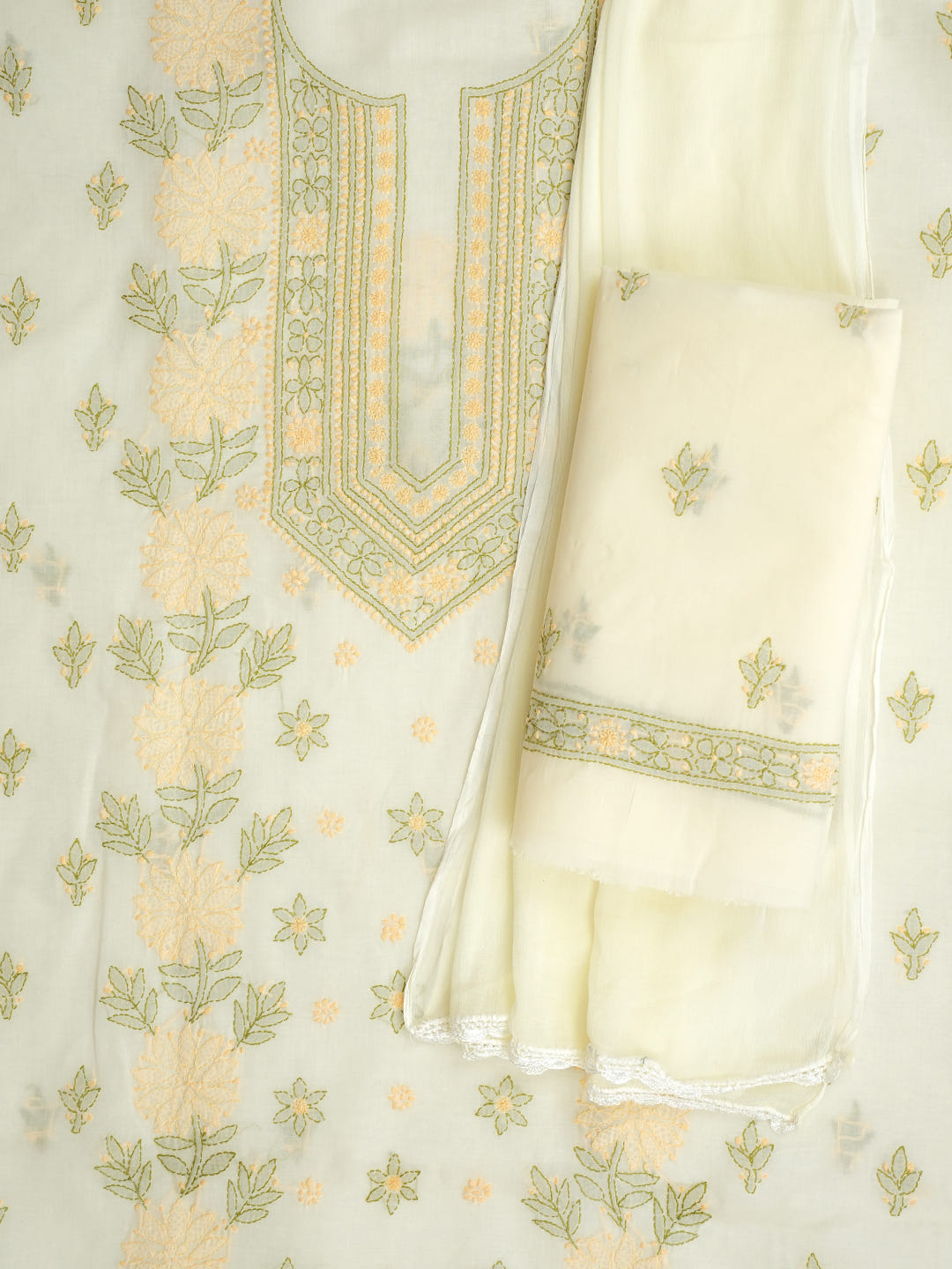 Ada Hand Embroidered Cream Cotton Lucknowi Chikankari Unstitched Suit Piece With Chiffon Dupatta 01A1025735_5