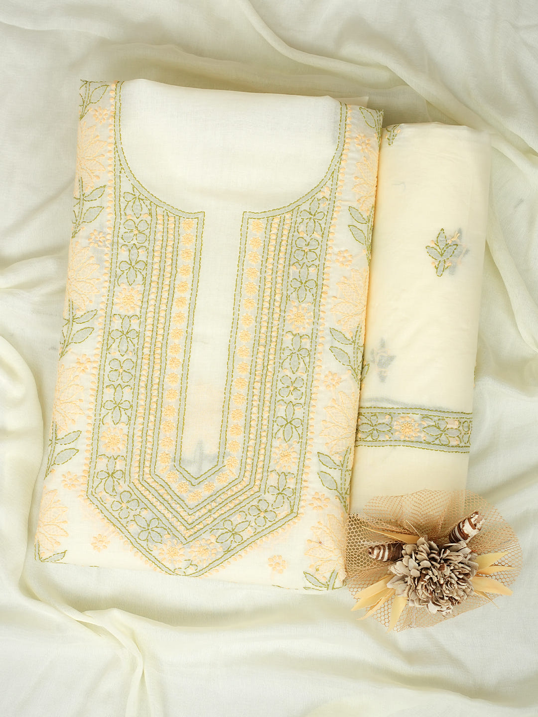 Ada Hand Embroidered Cream Cotton Lucknowi Chikankari Unstitched Suit Piece With Chiffon Dupatta 01A1025735_1