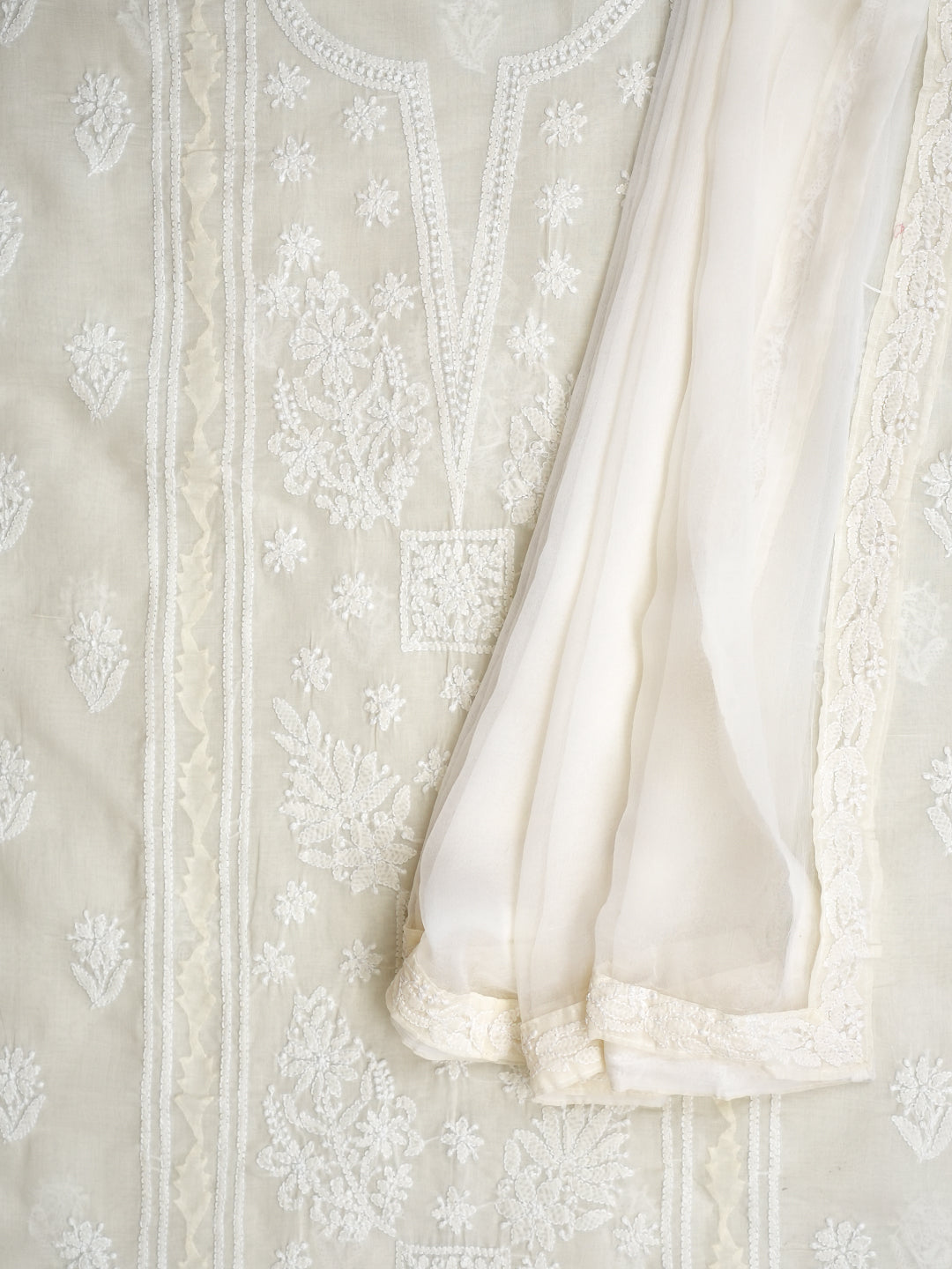 Ada Hand Embroidered Cream Cotton Lucknowi Chikankari Unstitched Suit Piece With Chiffon Dupatta 01A954355