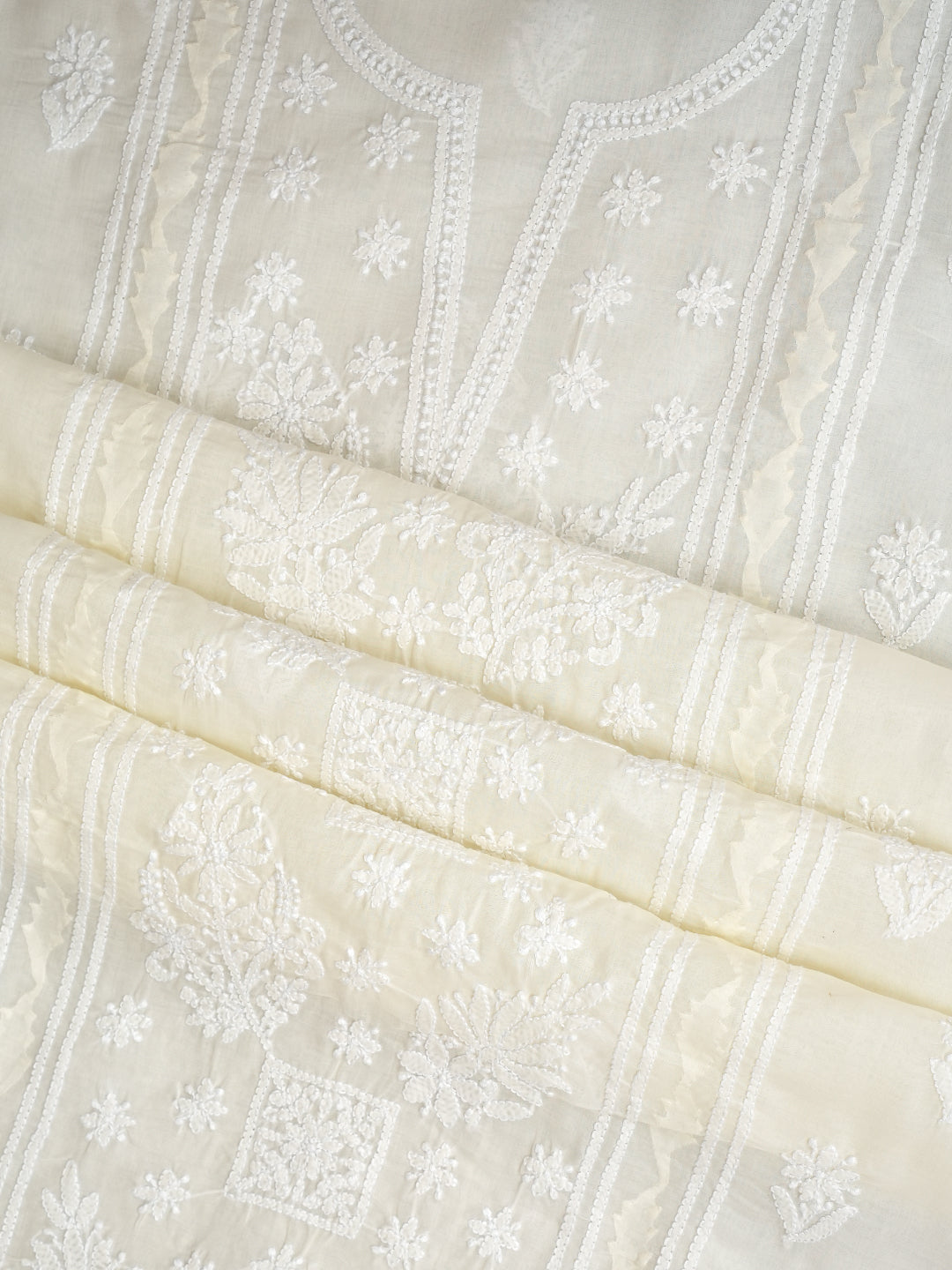 Ada Hand Embroidered Cream Cotton Lucknowi Chikankari Unstitched Suit Piece With Chiffon Dupatta 01A954355