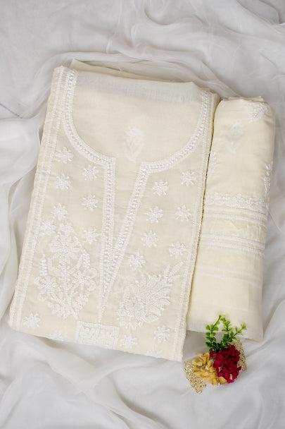Ada Hand Embroidered Cream Cotton Lucknowi Chikankari Unstitched Suit Piece With Chiffon Dupatta 01A954355