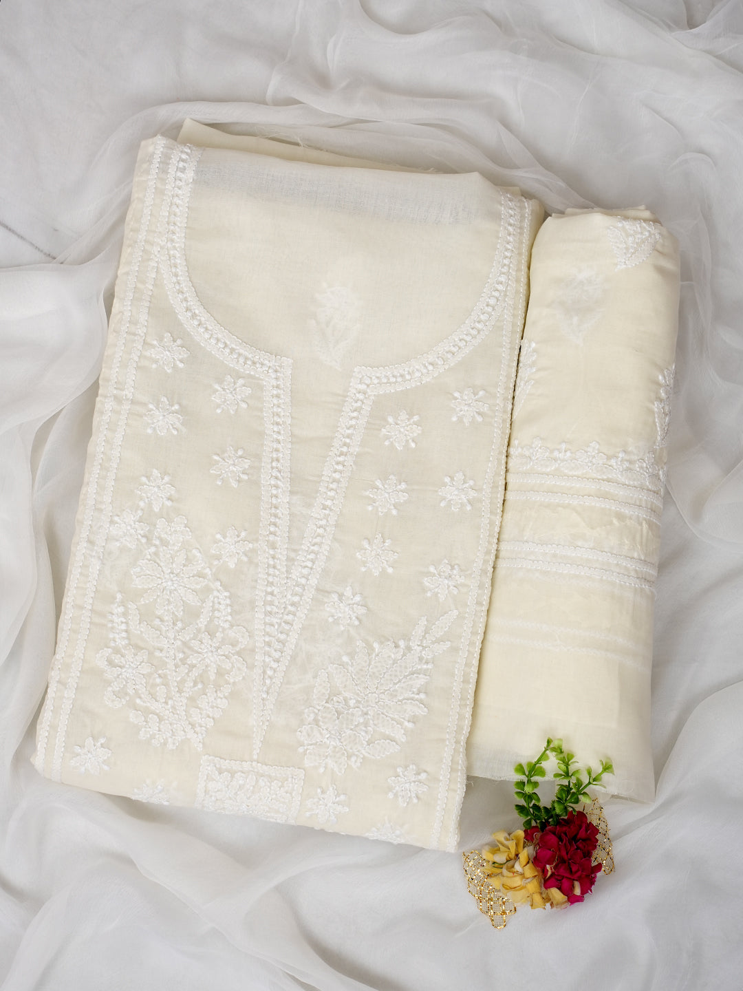 Ada Hand Embroidered Cream Cotton Lucknowi Chikankari Unstitched Suit Piece With Chiffon Dupatta 01A954355