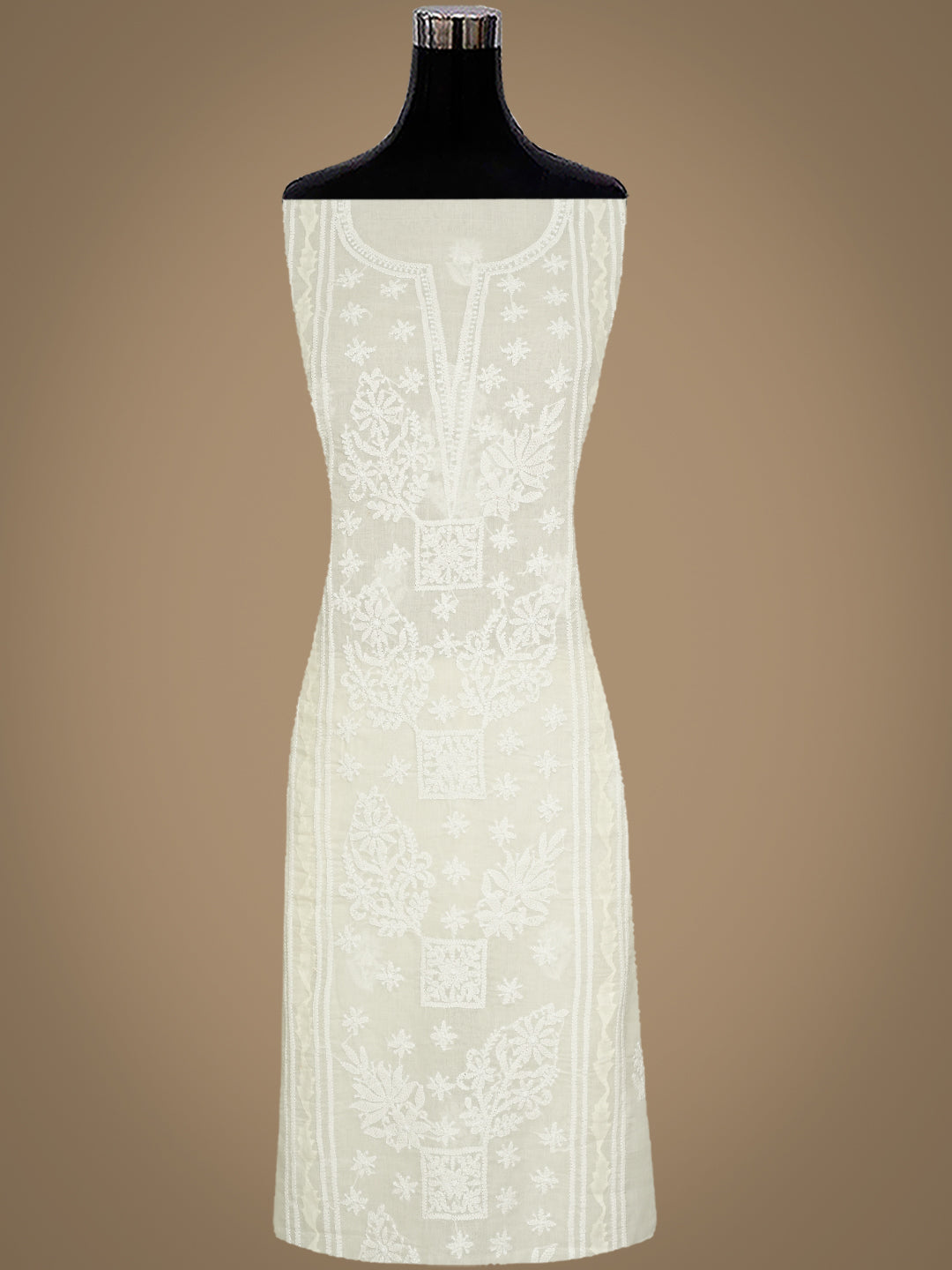 Ada Hand Embroidered Cream Cotton Lucknowi Chikankari Unstitched Suit Piece With Chiffon Dupatta 01A981978