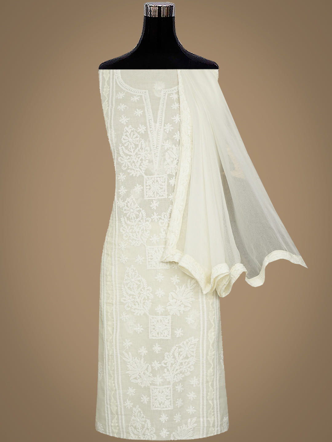Ada Hand Embroidered Cream Cotton Lucknowi Chikankari Unstitched Suit Piece With Chiffon Dupatta 01A981978