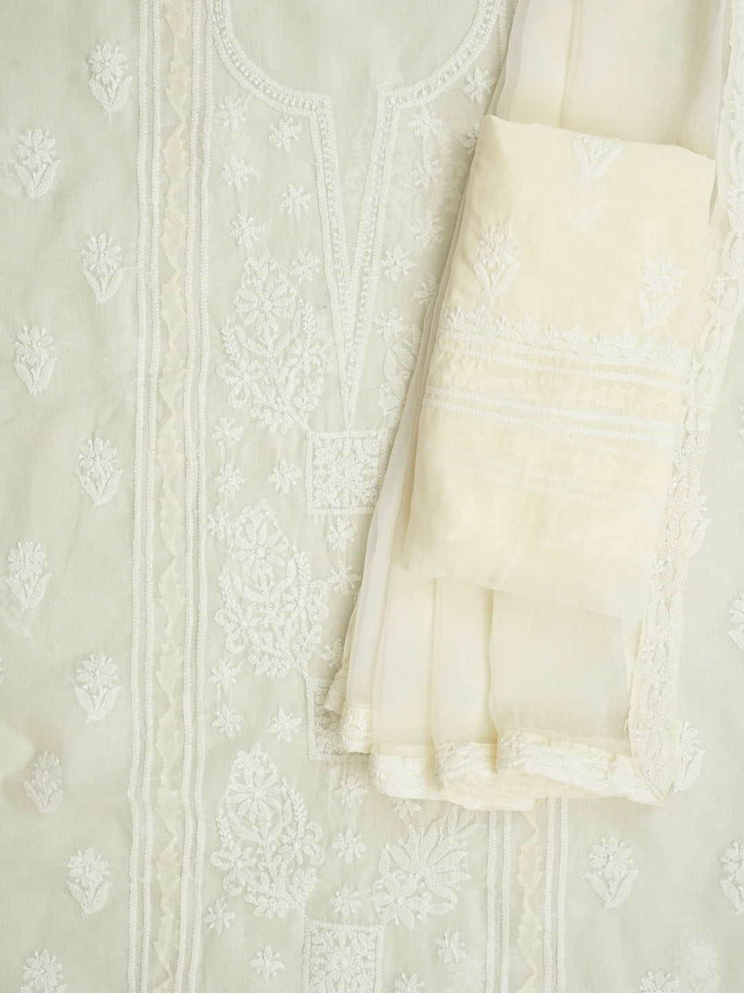 Ada Hand Embroidered Cream Cotton Lucknowi Chikankari Unstitched Suit Piece With Chiffon Dupatta 01A981978