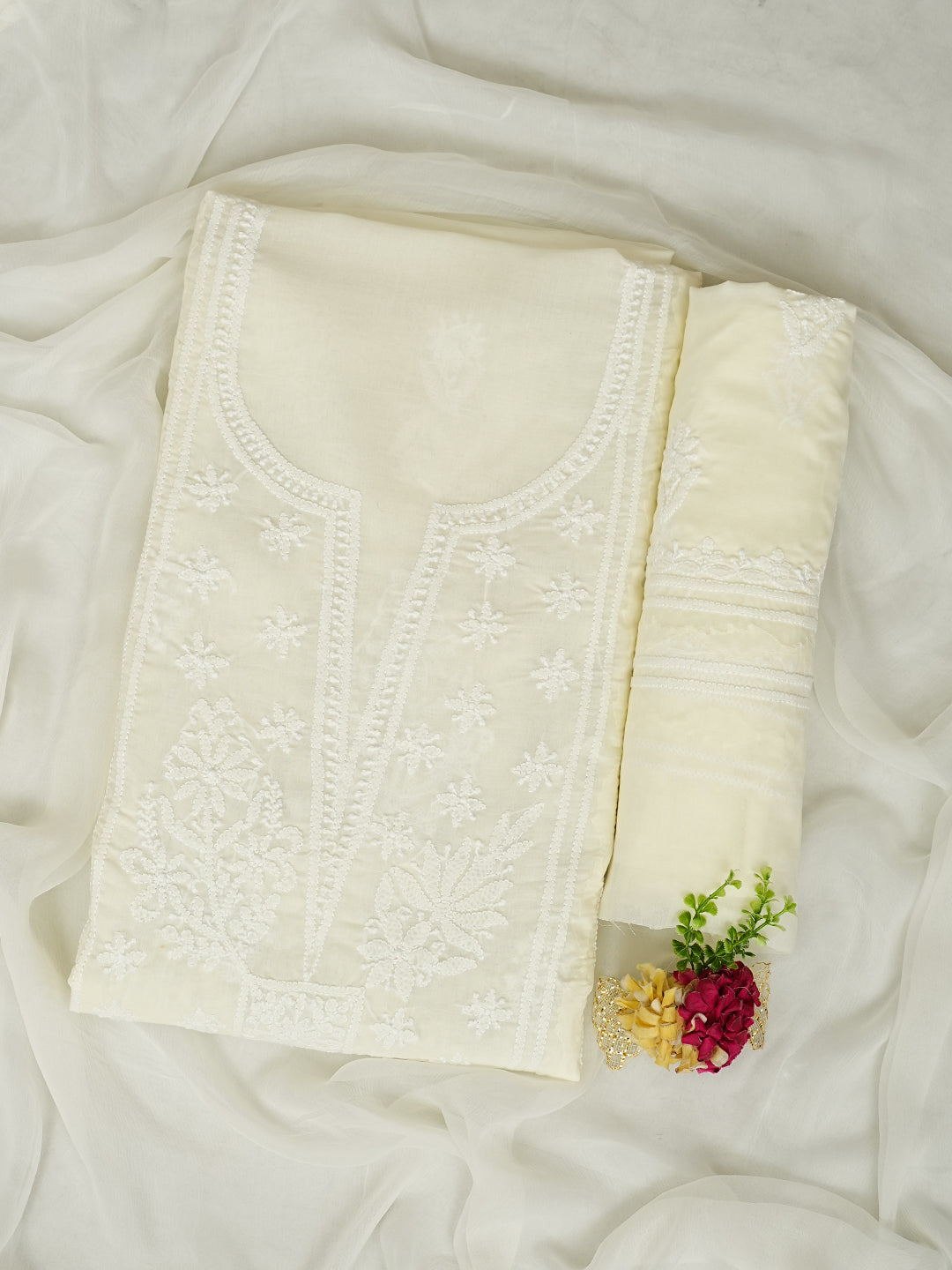 Ada Hand Embroidered Cream Cotton Lucknowi Chikankari Unstitched Suit Piece With Chiffon Dupatta 01A981978