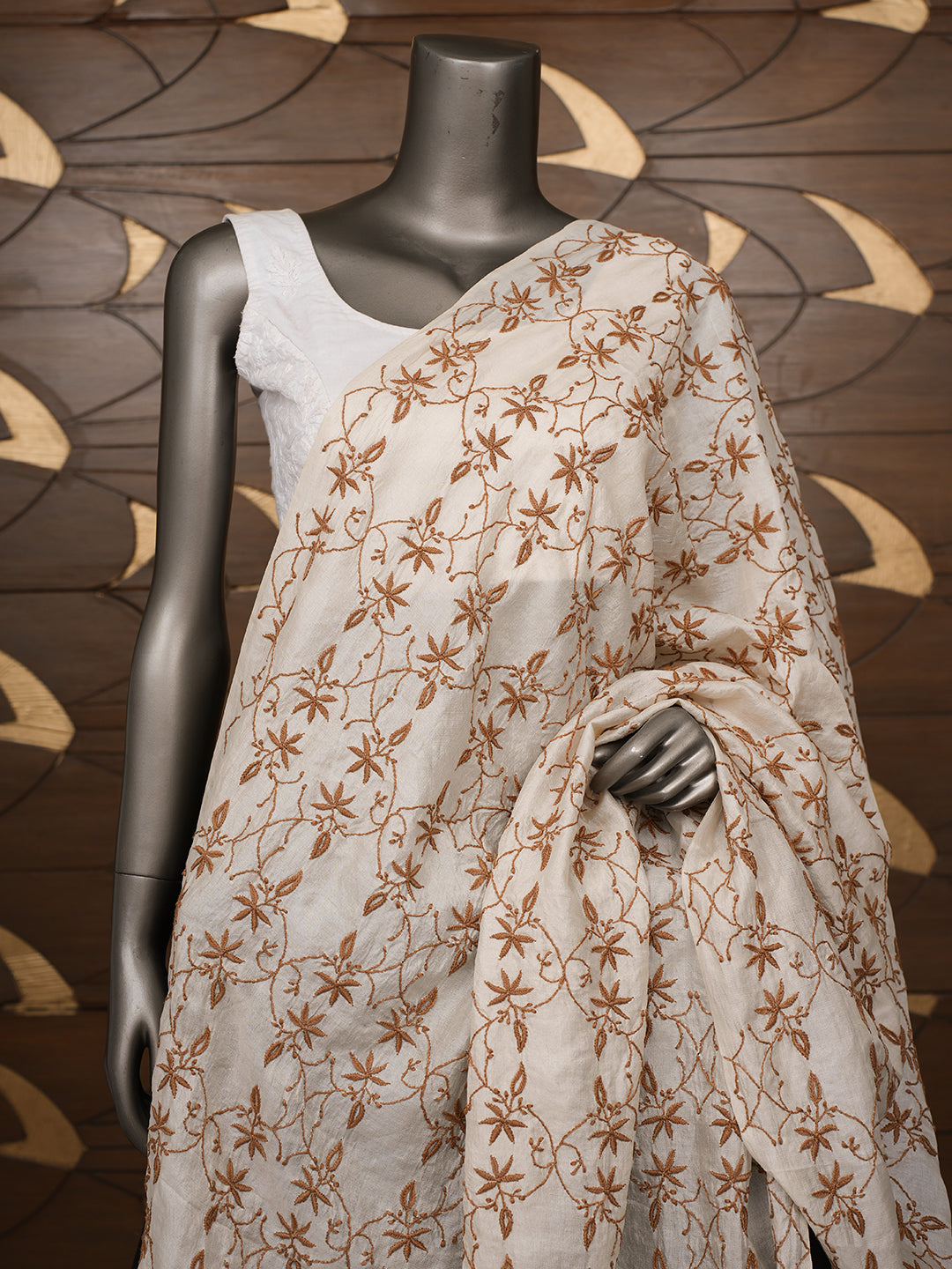 Ada Hand Embroidered Cream Ghicha Silk Lucknowi Chikankari Dupatta 07A502289