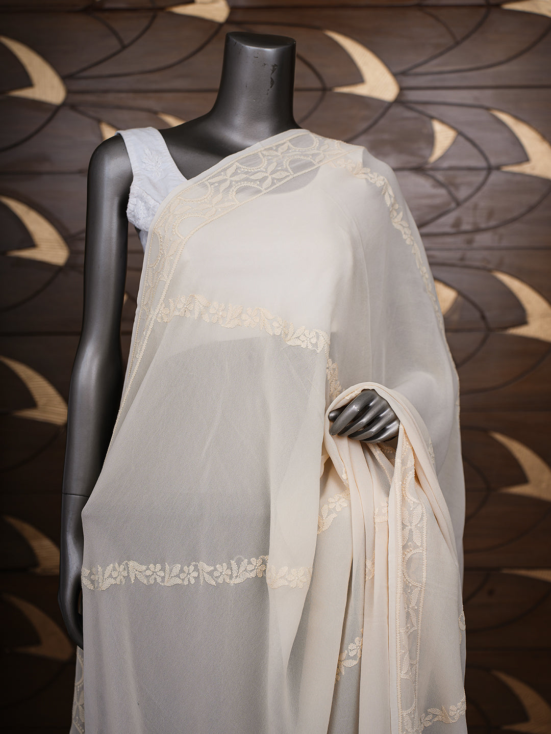 Ada Hand Embroidered Cream Viscose Georgette Lucknowi Chikankari Dupatta  01A376468