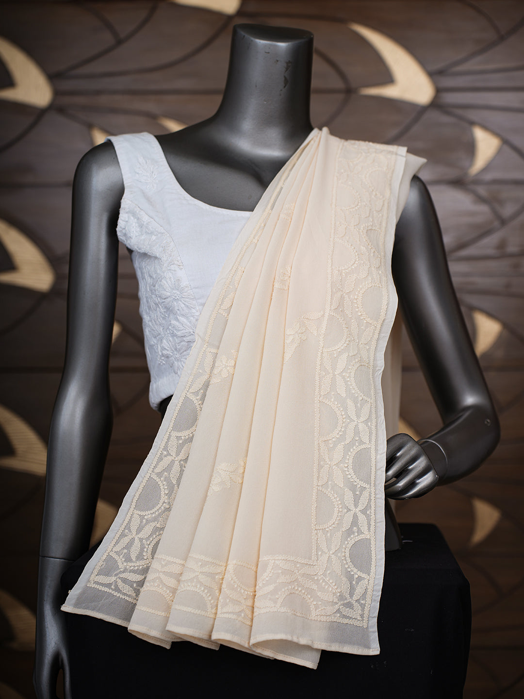 Ada Hand Embroidered Cream Viscose Georgette Lucknowi Chikankari Dupatta  01A376468