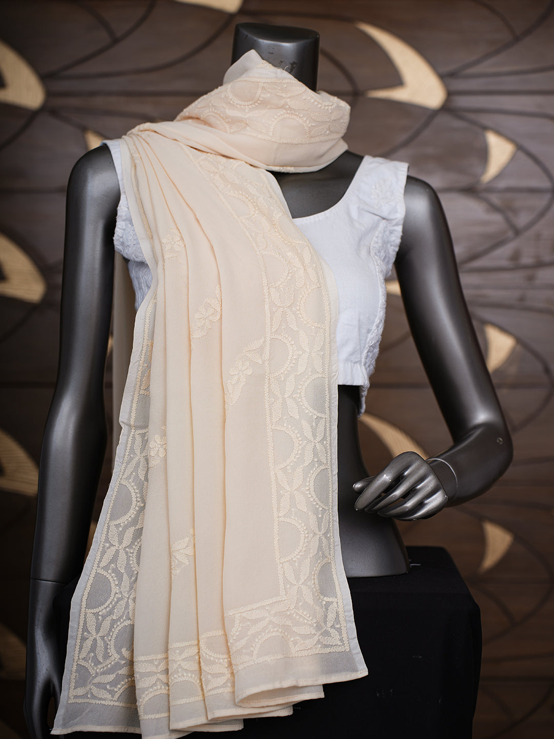 Ada Hand Embroidered Cream Viscose Georgette Lucknowi Chikankari Dupatta  01A376468