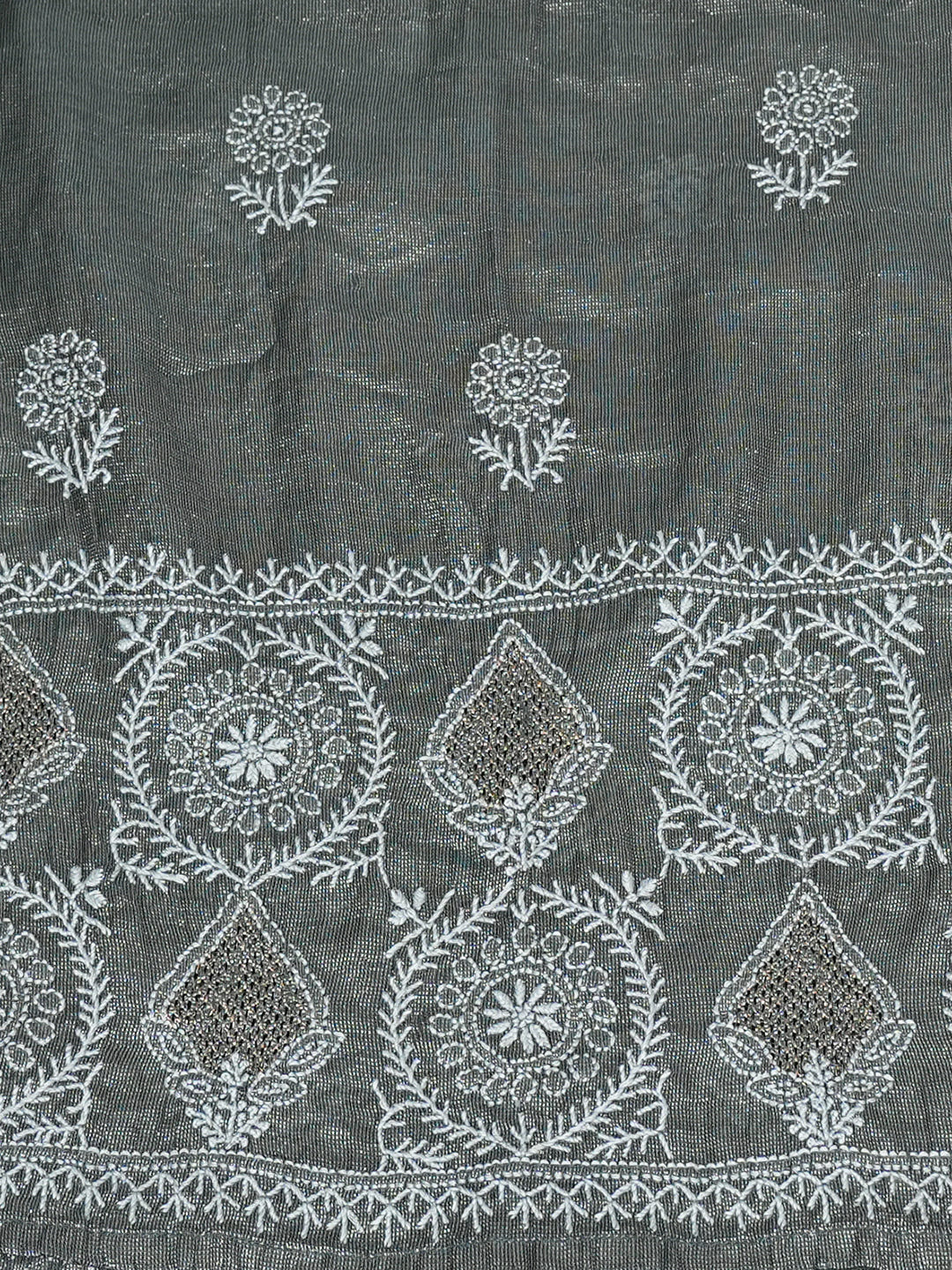 Ada Hand Embroidered Dark Grey Tissue Lucknowi Chikankari Semi-Stitched Kurta Dupatta Set_5