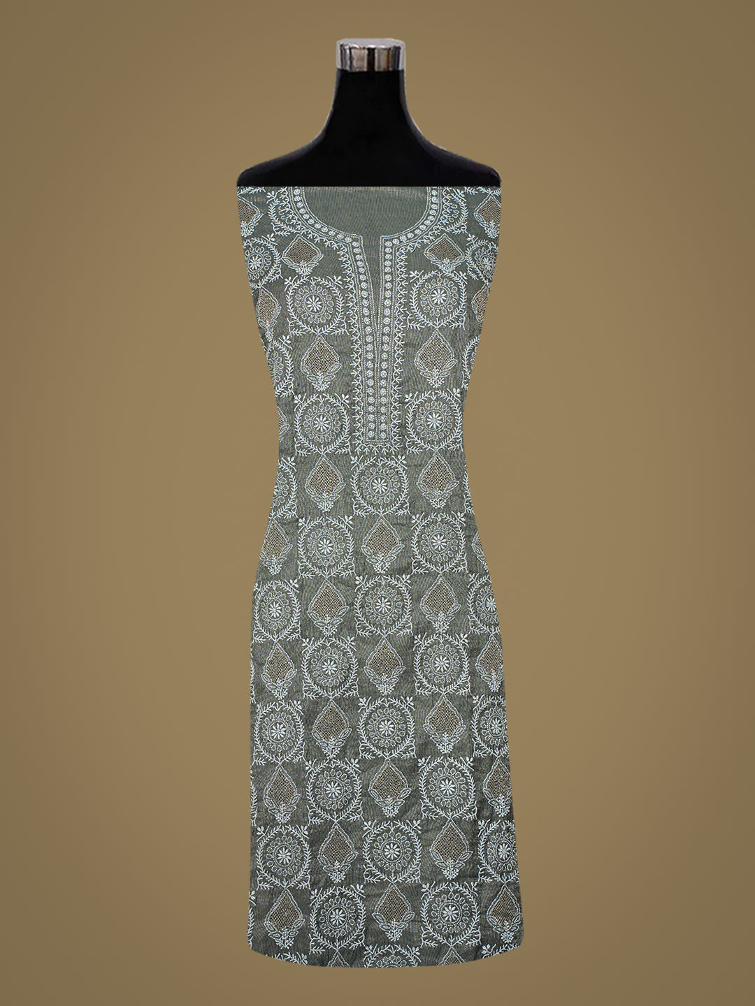 Ada Hand Embroidered Dark Grey Tissue Lucknowi Chikankari Semi-Stitched Kurta Dupatta Set_2