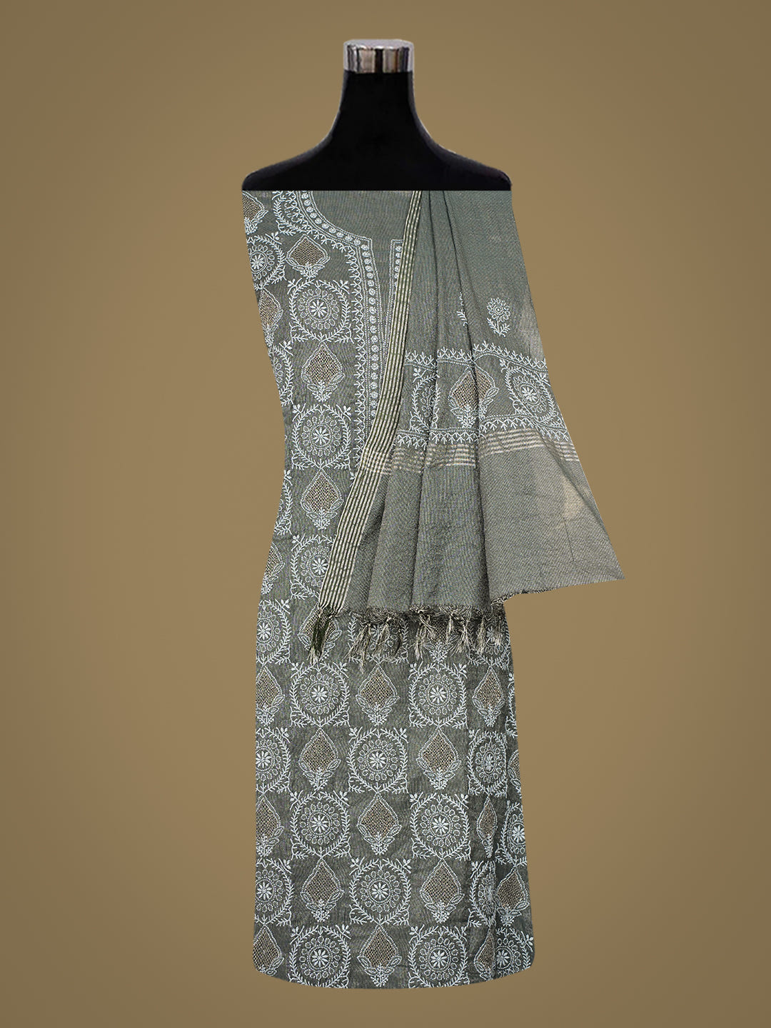 Ada Hand Embroidered Dark Grey Tissue Lucknowi Chikankari Semi-Stitched Kurta Dupatta Set_3