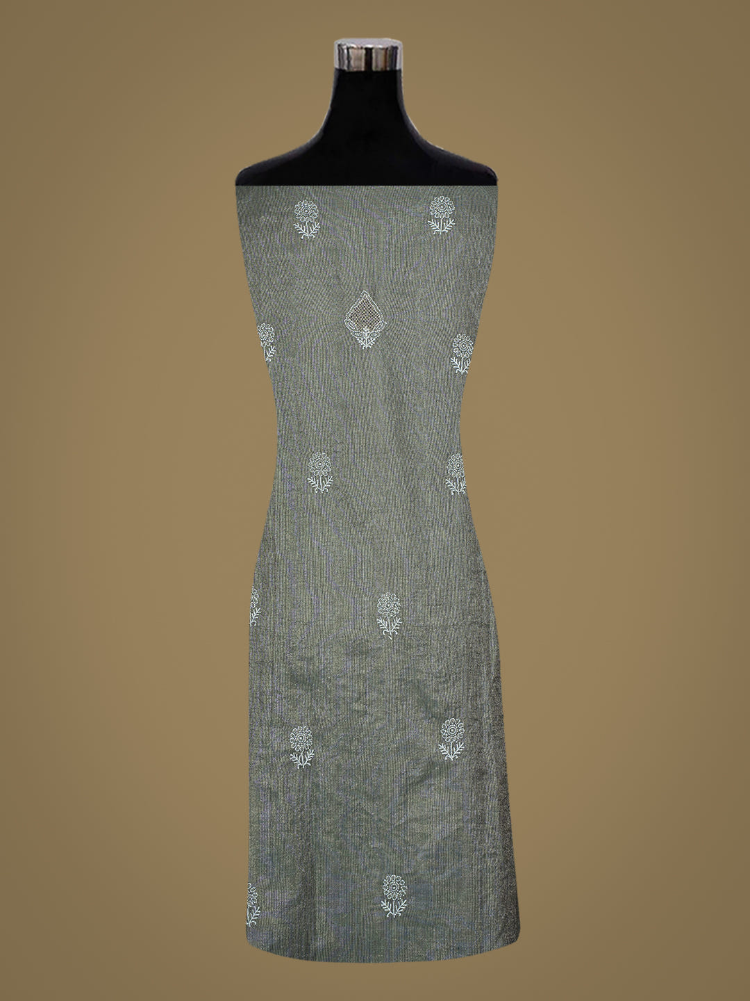 Ada Hand Embroidered Dark Grey Tissue Lucknowi Chikankari Semi-Stitched Kurta Dupatta Set_4