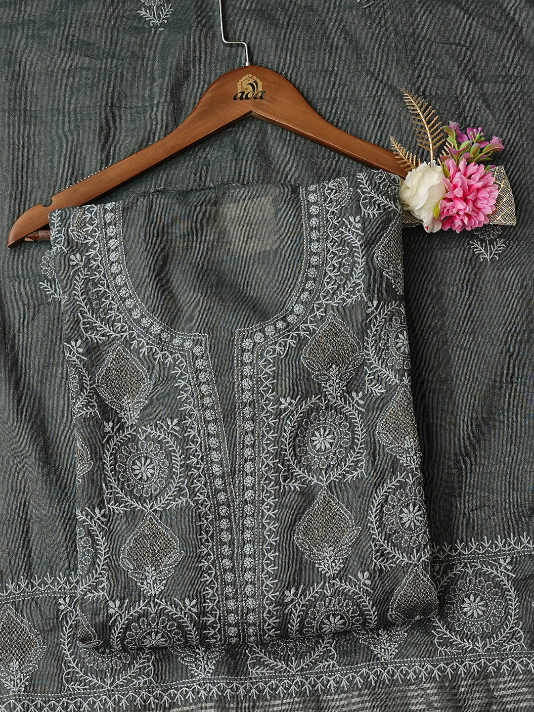 Ada Hand Embroidered Dark Grey Tissue Lucknowi Chikankari Semi-Stitched Kurta Dupatta Set_1