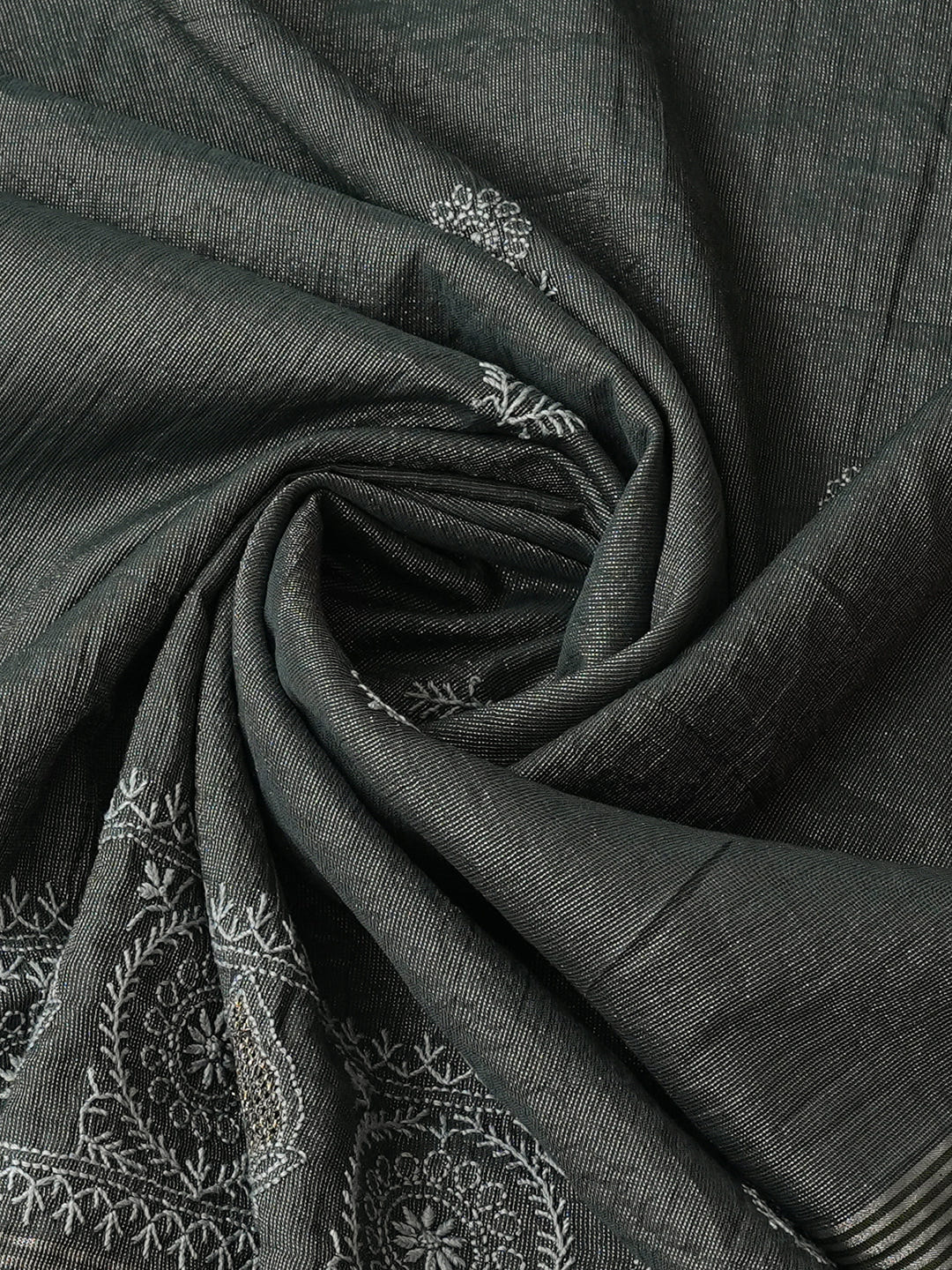 Ada Hand Embroidered Dark Grey Tissue Lucknowi Chikankari Semi-Stitched Kurta Dupatta Set_6