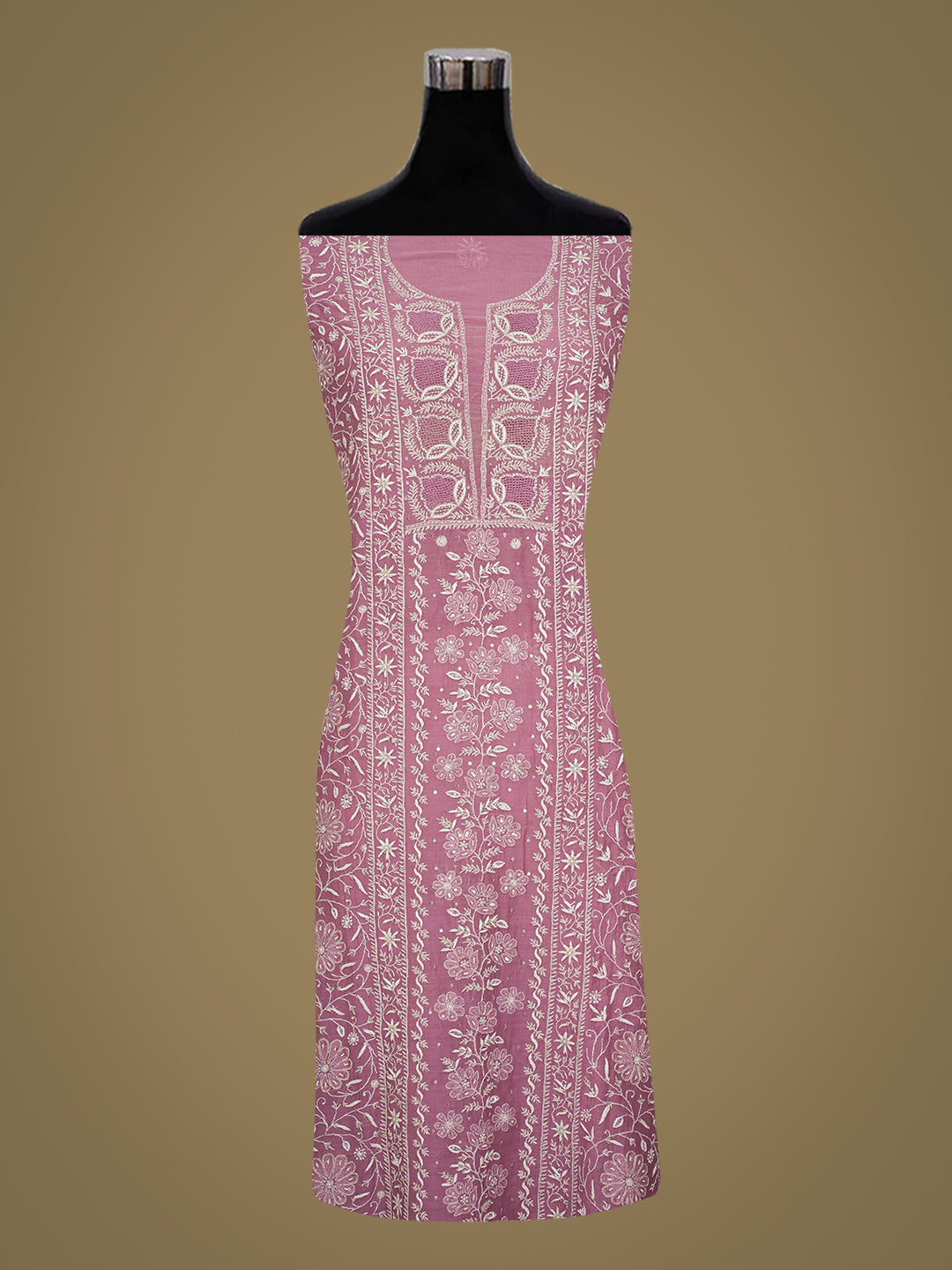 Ada Hand Embroidered Dark Mauve Chanderi Lucknowi Chikankari Unstitched Kurta Dupatta Set With Zari Work 01A960047