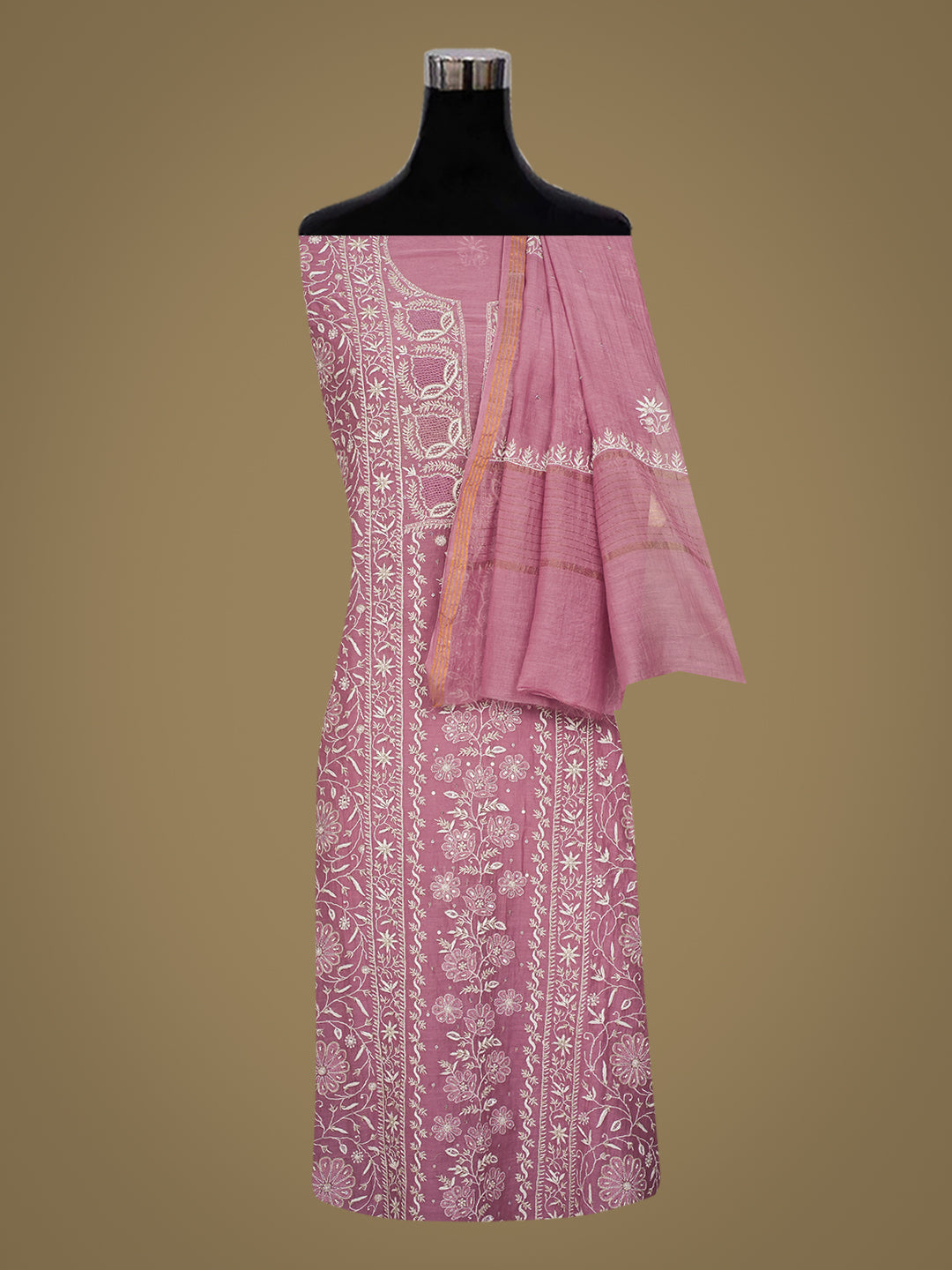 Ada Hand Embroidered Dark Mauve Chanderi Lucknowi Chikankari Unstitched Kurta Dupatta Set With Zari Work 01A960047