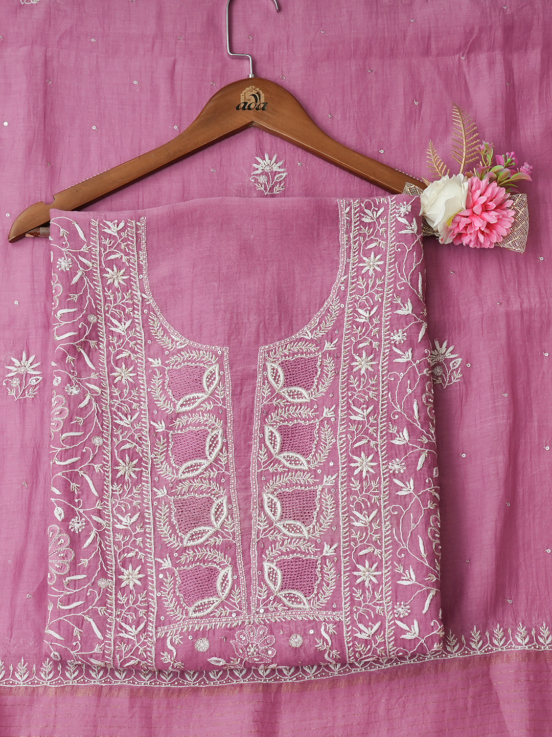 Ada Hand Embroidered Dark Mauve Chanderi Lucknowi Chikankari Unstitched Kurta Dupatta Set With Zari Work 01A960047