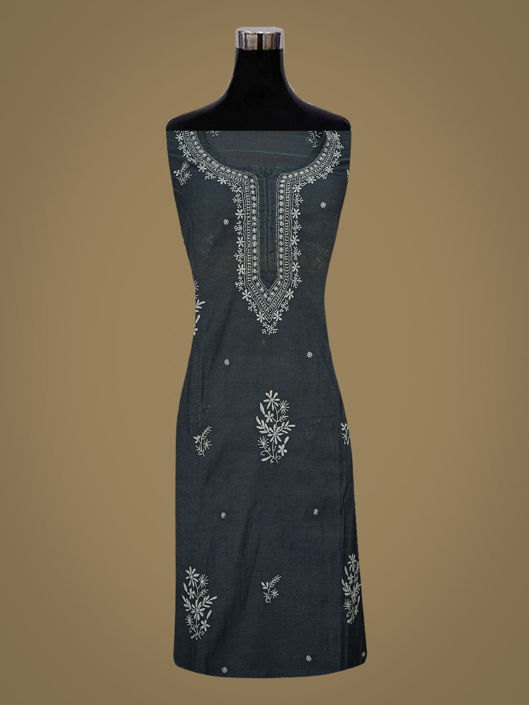 Ada Hand Embroidered Dark Slate Grey Chanderi Lucknowi Chikankari Semi-Stitched Kurta Dupatta Set 01A864352