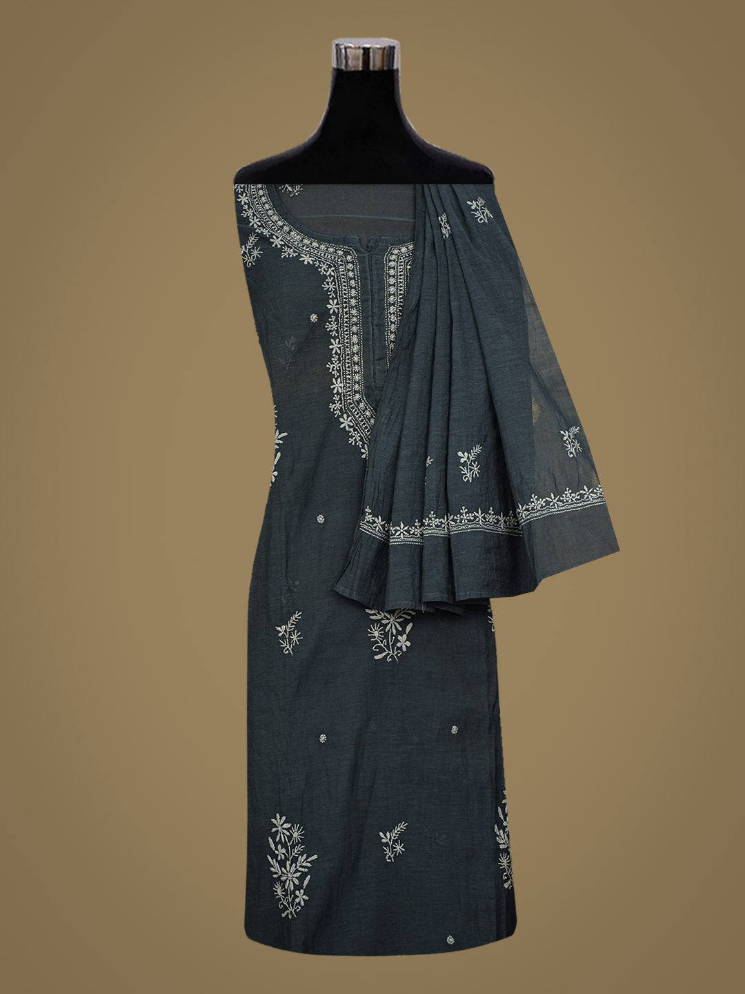 Ada Hand Embroidered Dark Slate Grey Chanderi Lucknowi Chikankari Semi-Stitched Kurta Dupatta Set 01A864352