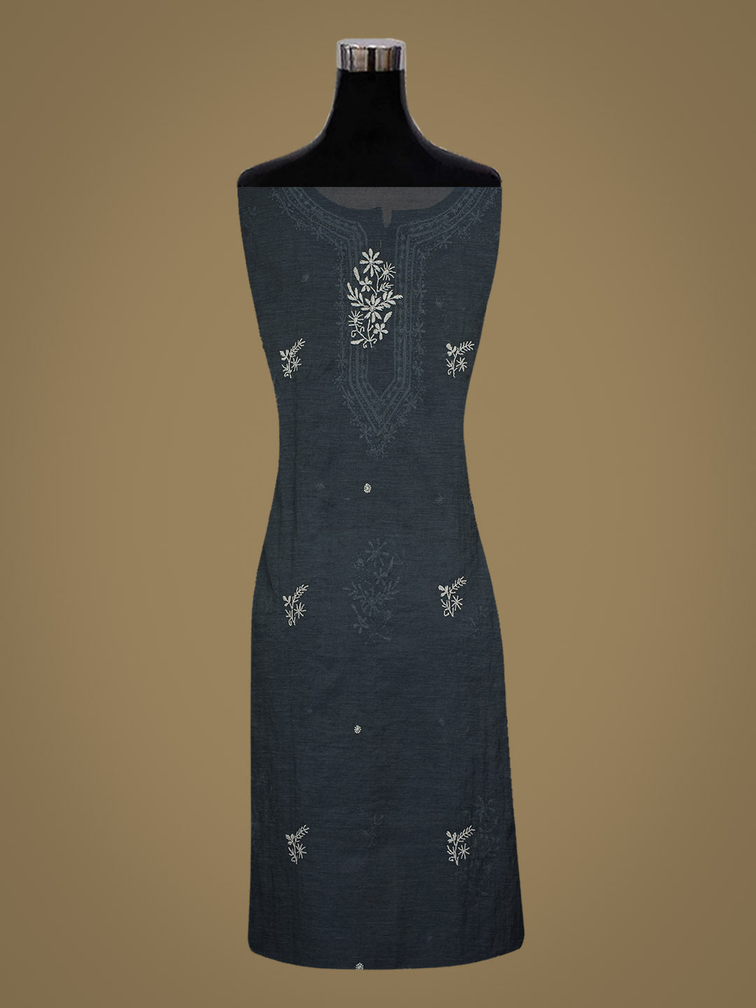 Ada Hand Embroidered Dark Slate Grey Chanderi Lucknowi Chikankari Semi-Stitched Kurta Dupatta Set 01A864352