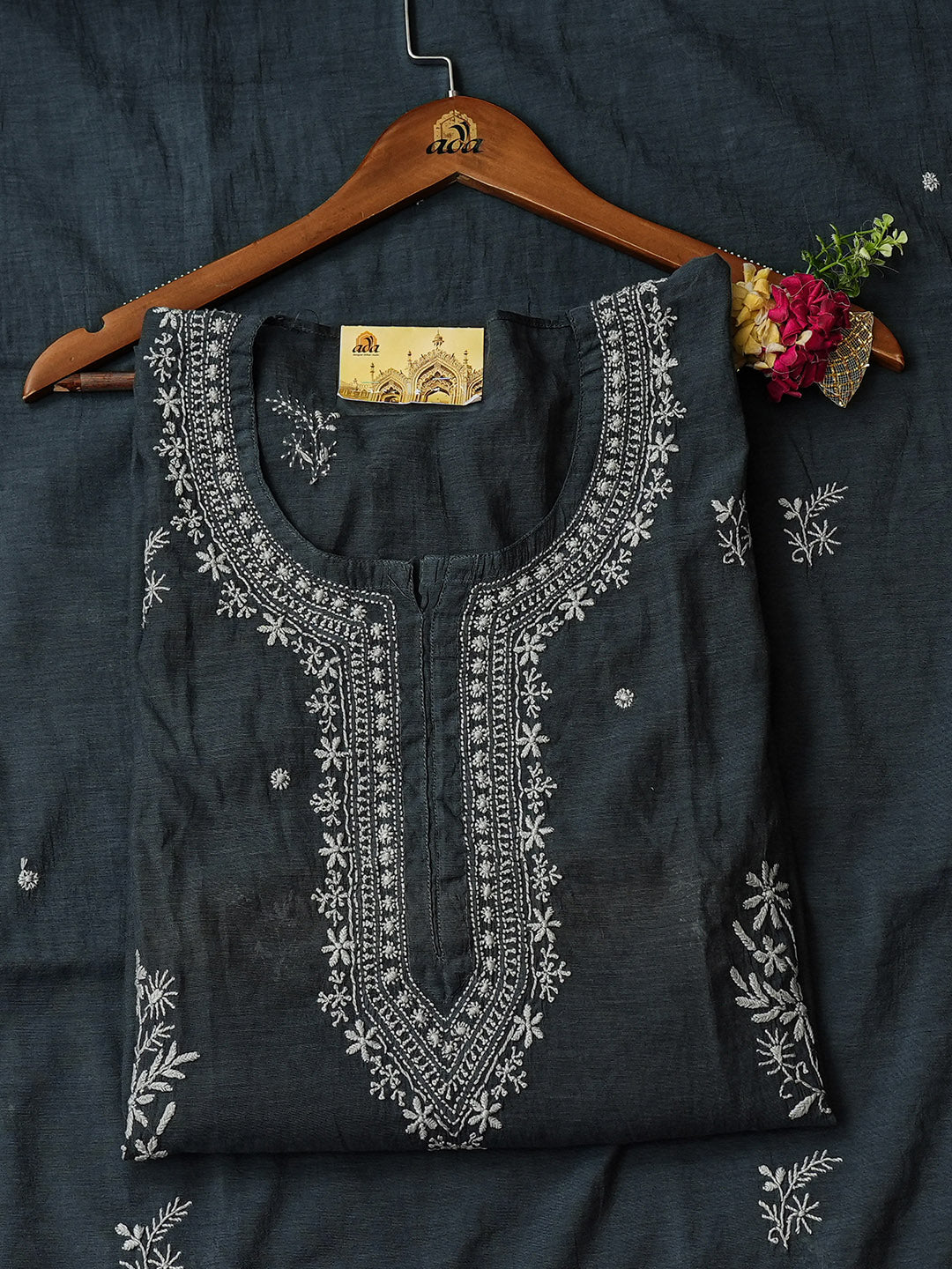 Ada Hand Embroidered Dark Slate Grey Chanderi Lucknowi Chikankari Semi-Stitched Kurta Dupatta Set 01A864352