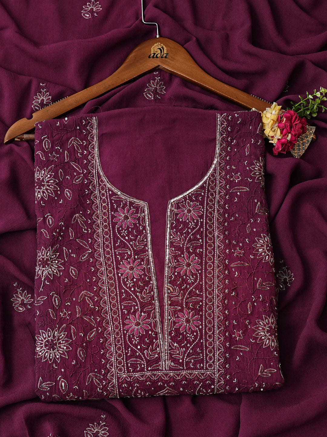 Ada Hand Embroidered Deep Purple Viscose Georgette Lucknowi Chikankari Unstitched Kurta Dupatta Set with Cutdana and Sequinned Work 01A754678