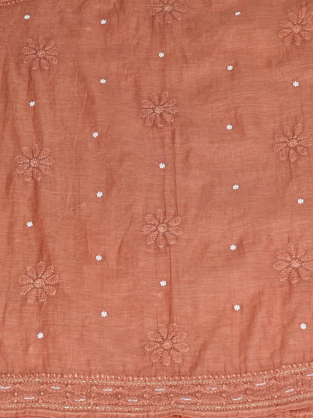 Ada Hand Embroidered Dusty Peach Chanderi Lucknowi Chikankari Semi Stitched Anarkali Kurta Dupatta Set with Cutdana Work 01A922113