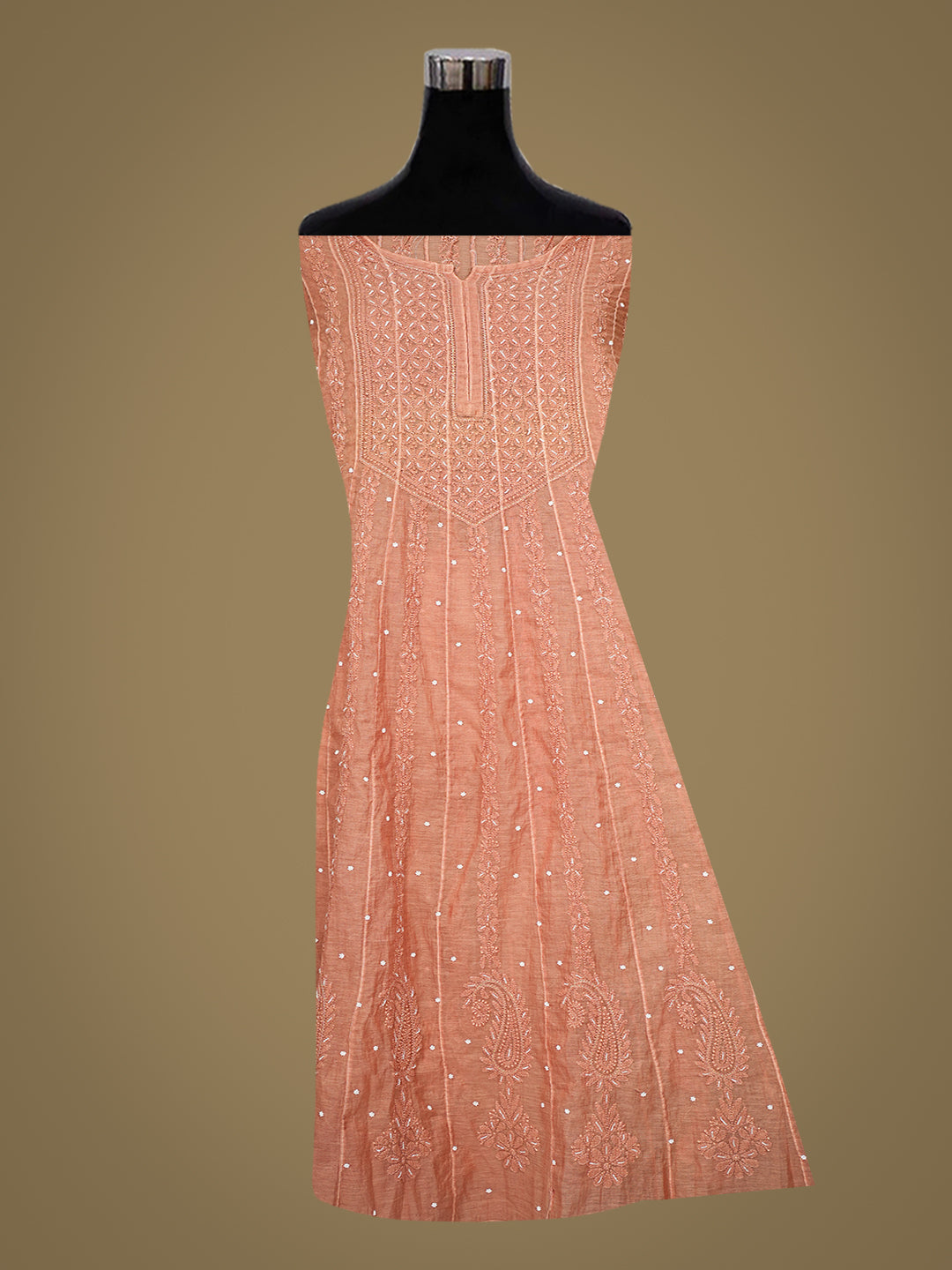 Ada Hand Embroidered Dusty Peach Chanderi Lucknowi Chikankari Semi Stitched Anarkali Kurta Dupatta Set with Cutdana Work 01A922113