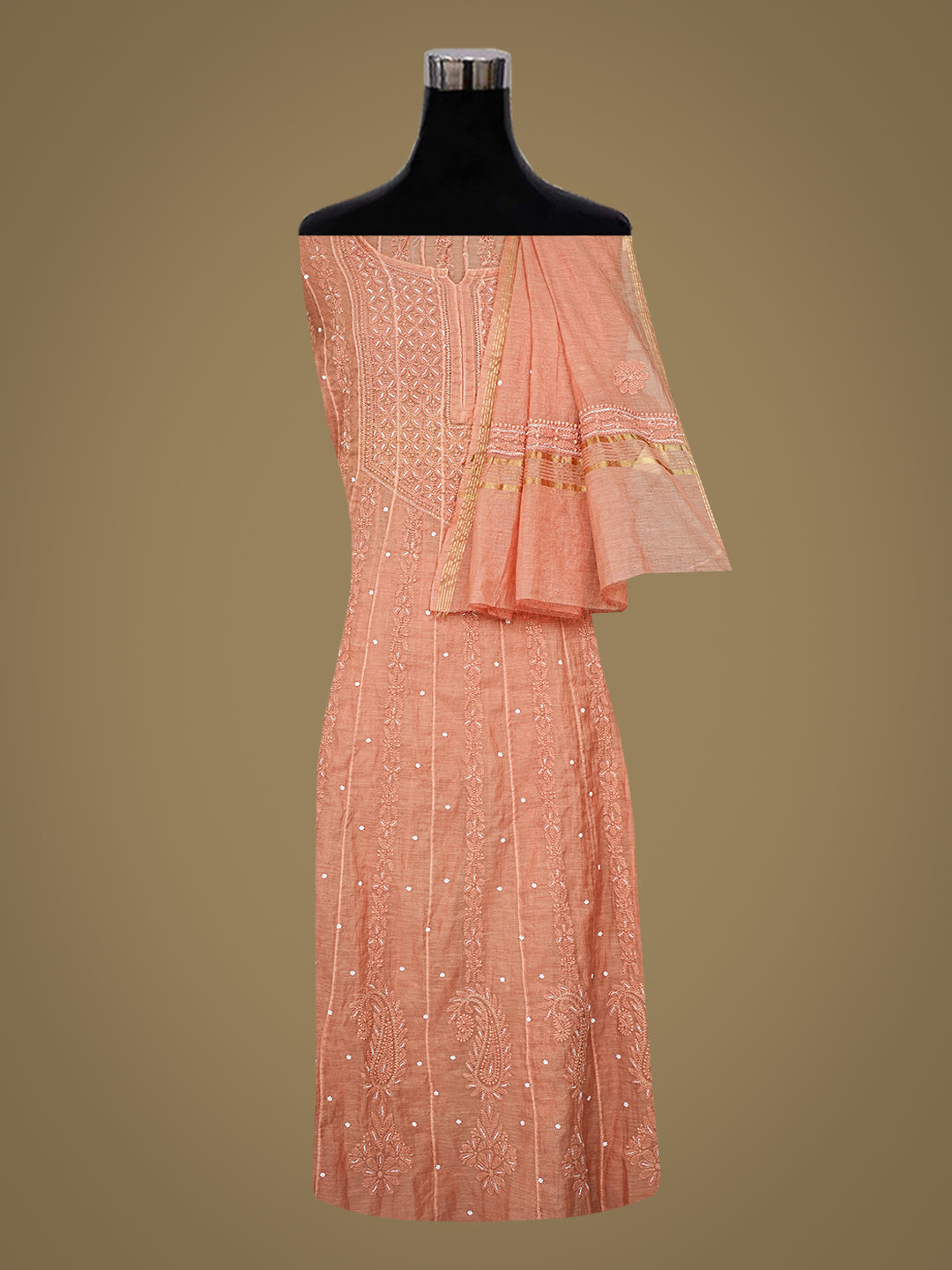 Ada Hand Embroidered Dusty Peach Chanderi Lucknowi Chikankari Semi Stitched Anarkali Kurta Dupatta Set with Cutdana Work 01A922113