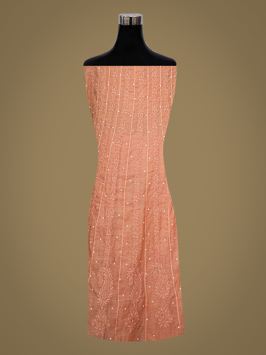 Ada Hand Embroidered Dusty Peach Chanderi Lucknowi Chikankari Semi Stitched Anarkali Kurta Dupatta Set with Cutdana Work 01A922113