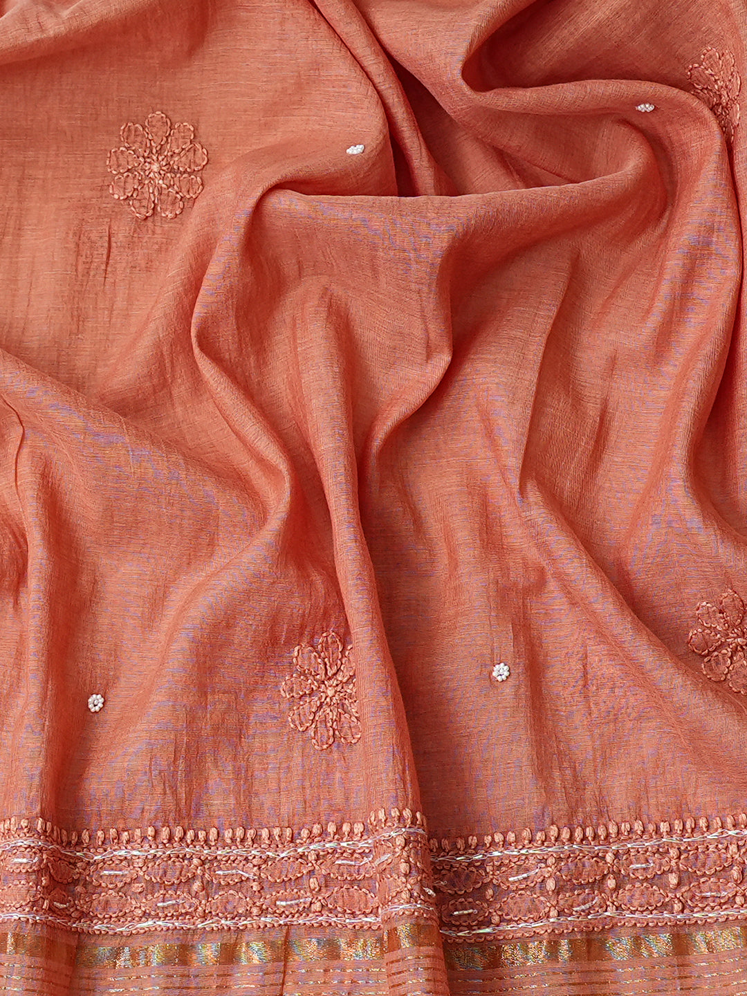 Ada Hand Embroidered Dusty Peach Chanderi Lucknowi Chikankari Semi Stitched Anarkali Kurta Dupatta Set with Cutdana Work 01A922113