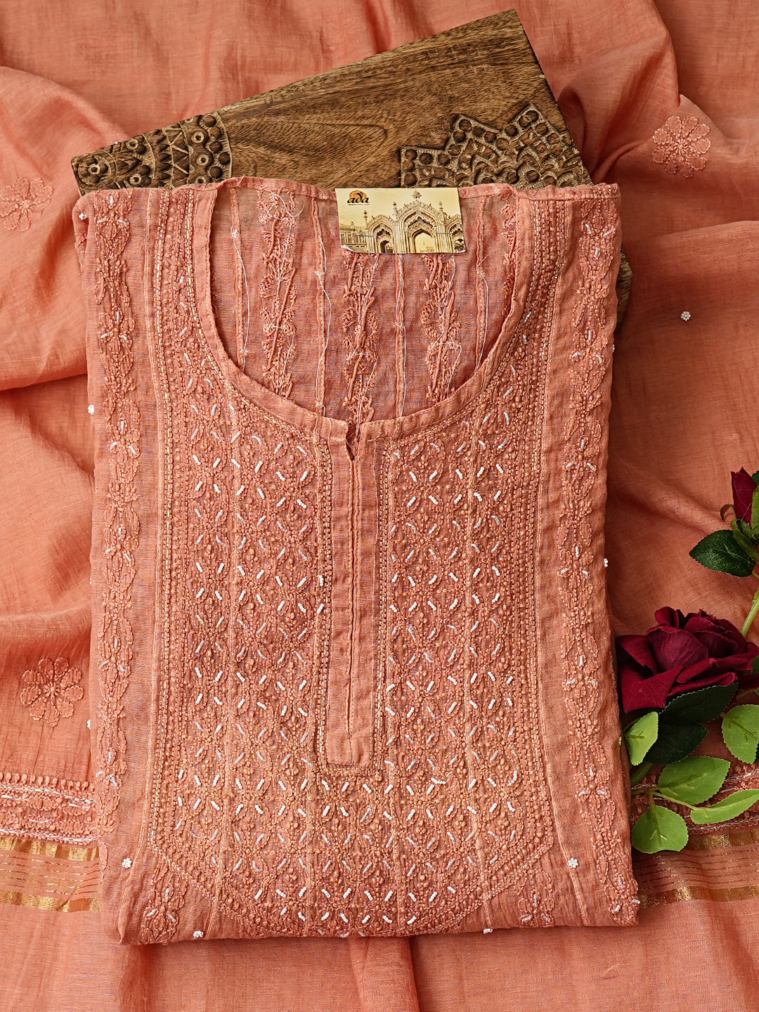 Ada Hand Embroidered Dusty Peach Chanderi Lucknowi Chikankari Semi Stitched Anarkali Kurta Dupatta Set with Cutdana Work 01A922113