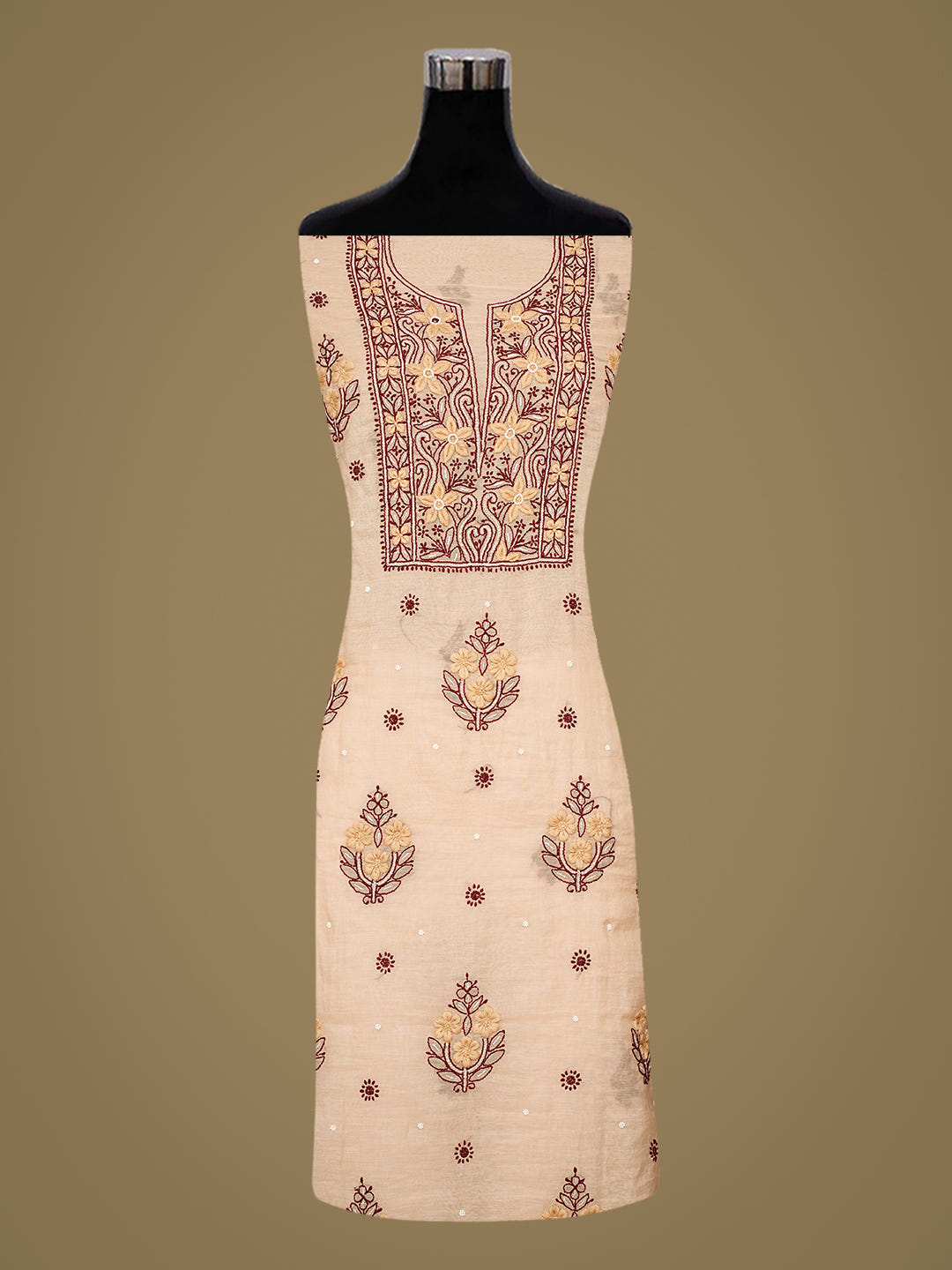Ada Hand Embroidered Dusty Peach Chanderi Lucknowi Chikankari Unstitched Kurta Dupatta Set 01A989976_3