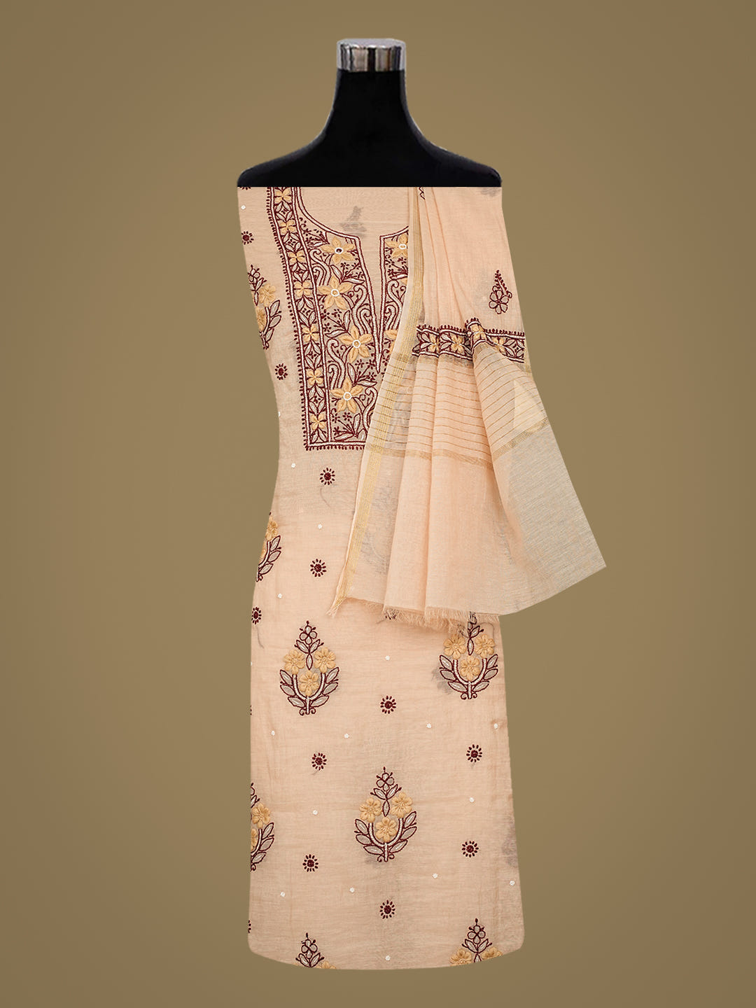 Ada Hand Embroidered Dusty Peach Chanderi Lucknowi Chikankari Unstitched Kurta Dupatta Set 01A989976_2