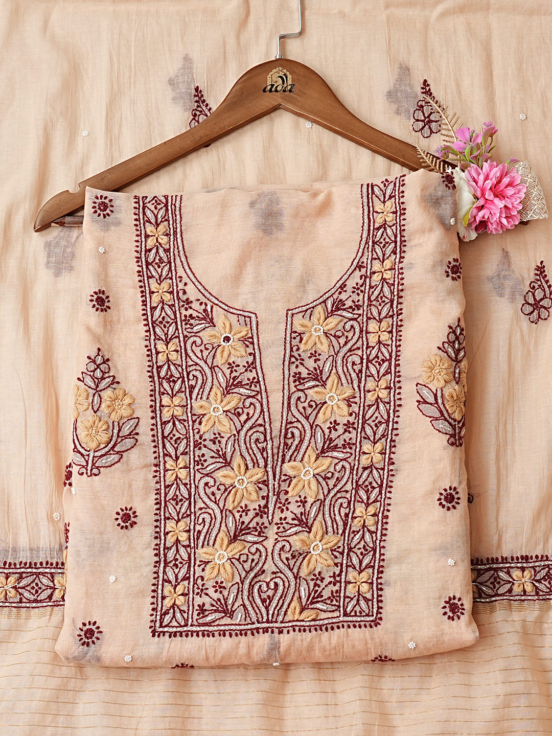 Ada Hand Embroidered Dusty Peach Chanderi Lucknowi Chikankari Unstitched Kurta Dupatta Set 01A989976_1