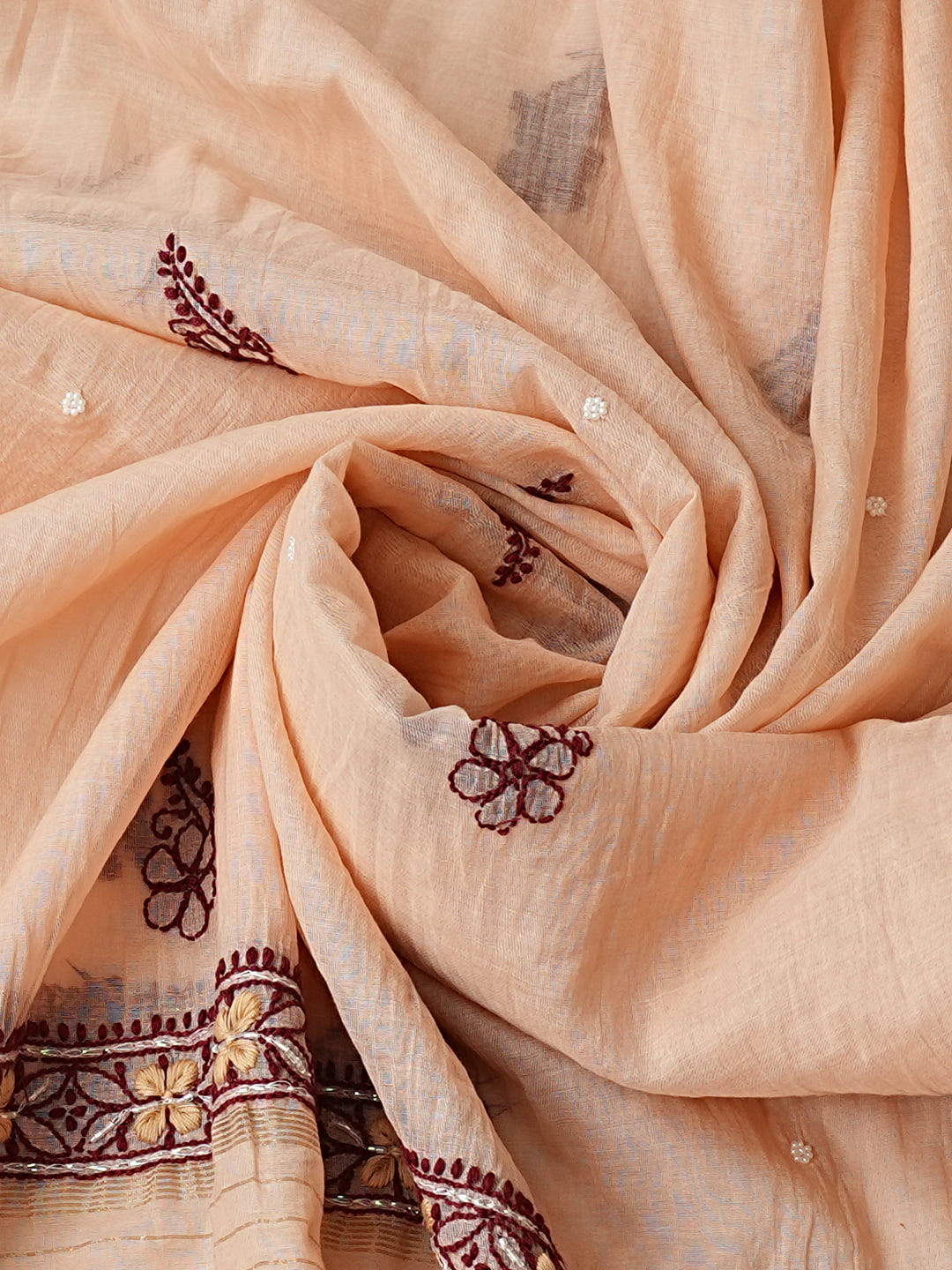 Ada Hand Embroidered Dusty Peach Chanderi Lucknowi Chikankari Unstitched Kurta Dupatta Set 01A989976_5